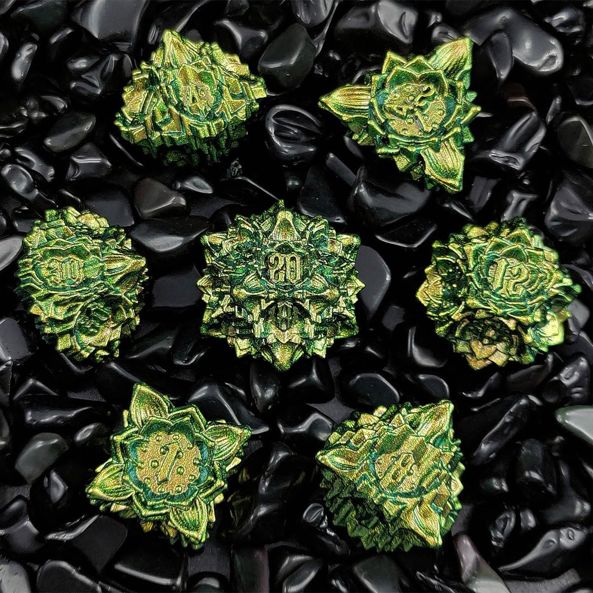 7 szt. DND Dice Leaf Design DND Metal Dice Set Yellow Green, ręcznie robione wielościenne kostki RPG D&D