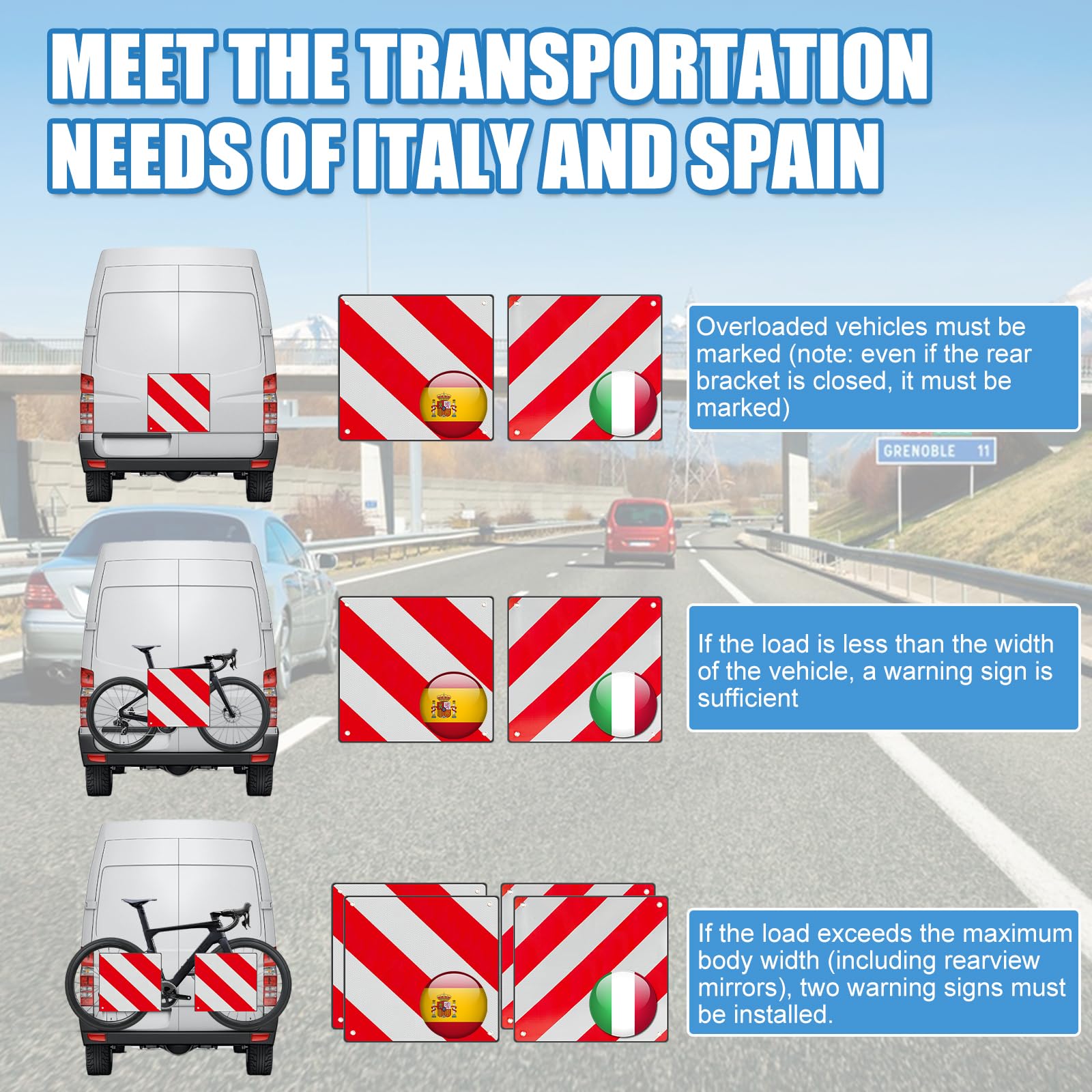 Afenau 2 in 1 Warntafel Fahrradträger Italien Spanien mit 4 Spannseilen 50x50cm