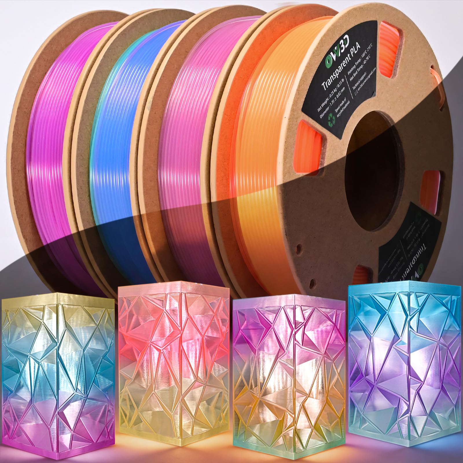 OVV3D Transparent Rainbow PLA Filament 1.75mm 200g X 4 Spools
