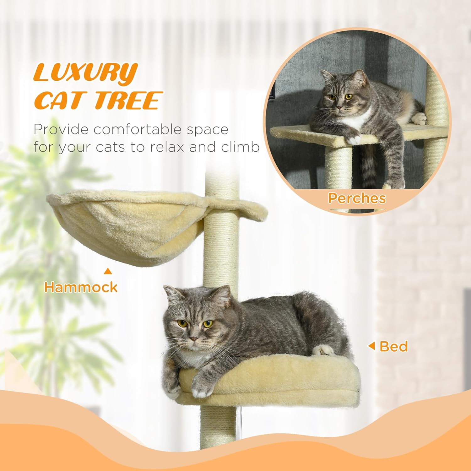 review PawHut Adjustable Cat Tree Indoor, Floor to Ceiling Cat Climbing Tower with Carpeted Platforms, Cozy Bed, Hammock, Scratching Posts, Toy Balls, Activity Center for Kittens - Beige