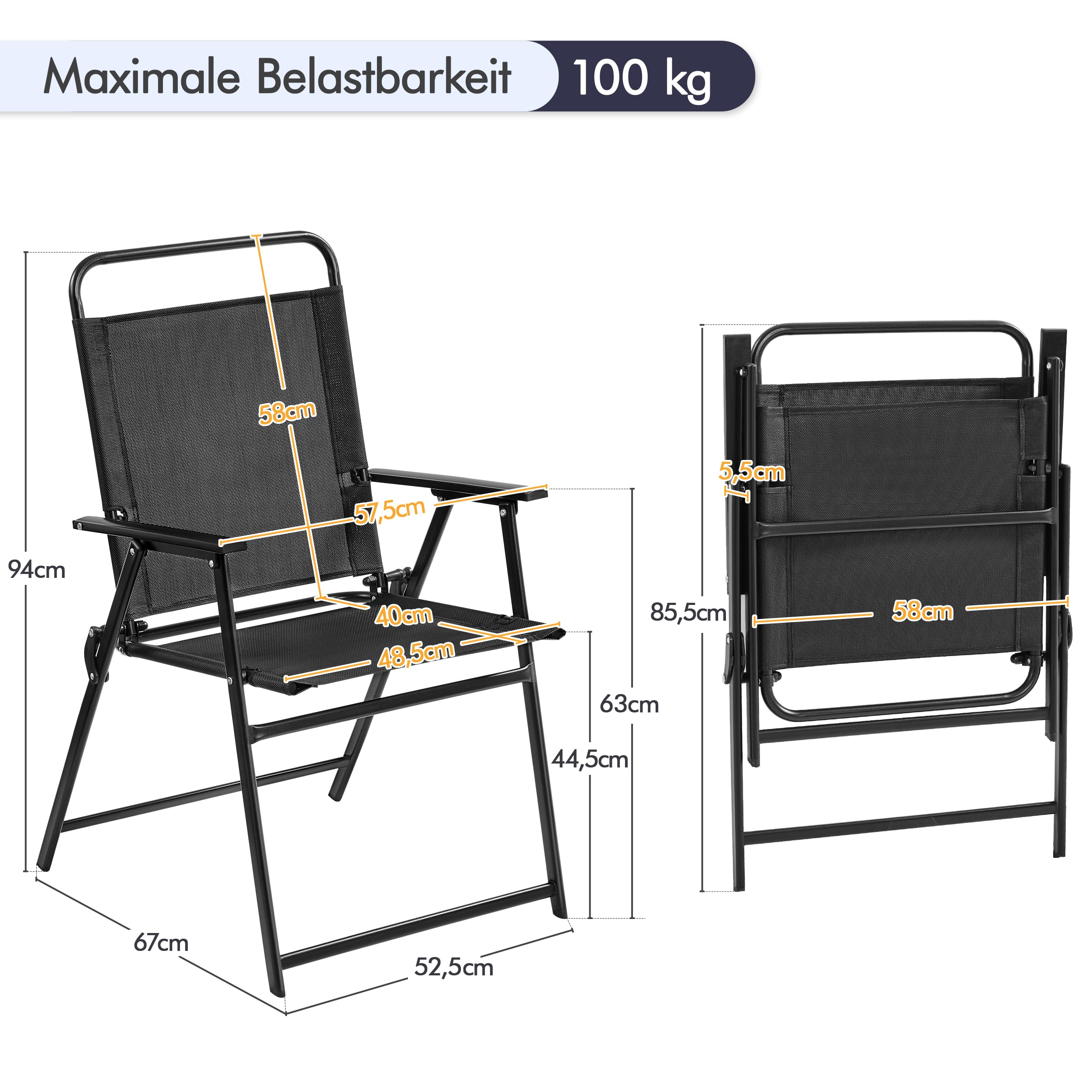 Yaheetech Set di 4 sedie pieghevoli da giardino, con schienale alto e braccioli, capacità di carico fino a 100 kg, colore: nero