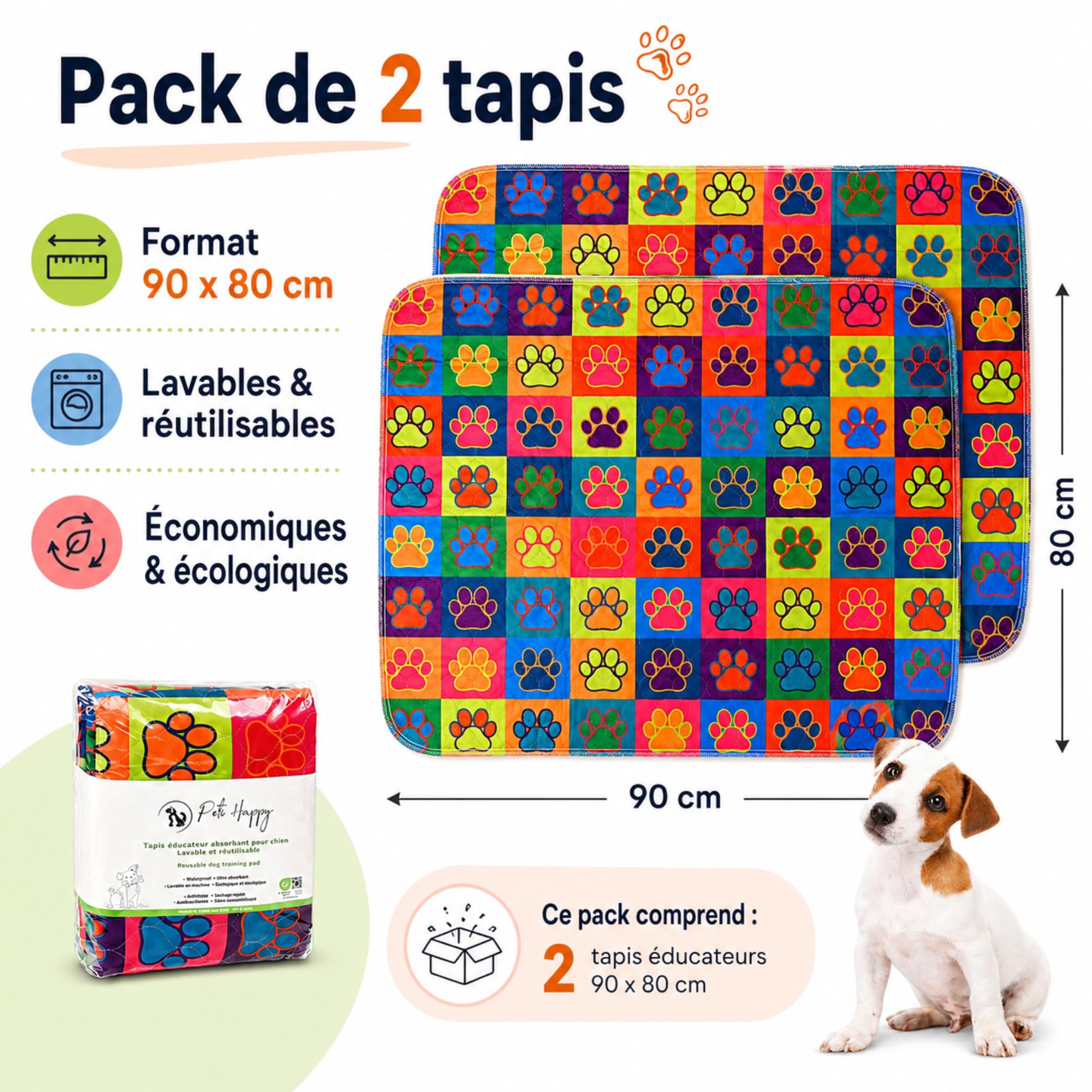 Lot de 2 Tapis absorbants pour Chien & Chiot 90*80cm | Tapis Lavable, Réutilisable, Absorbant | Alaise pour Chien | Tapis educateur Chien | Peti Happy®