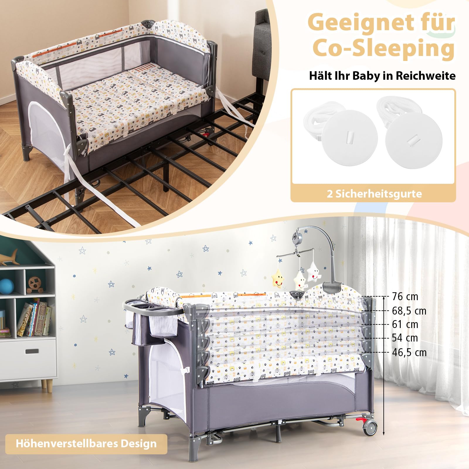 DREAMADE Reisebett mit Matratze, 5 in 1 Beistellbett Baby mit Rollen & Wickelauflage & Spieluhr, 110×76cm Babybett mit Tragetasche, für Neugeborene & Baby (Bunt)