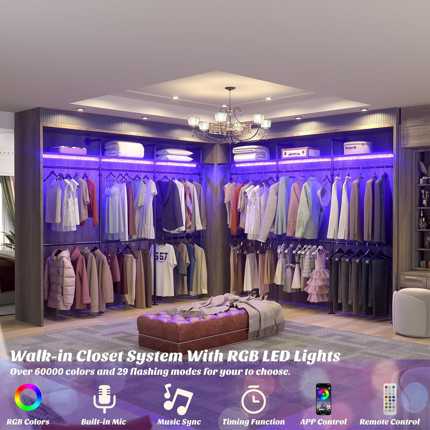 A walk-in closet system featuring the Aheaplus Industrial Pipe Clothing Rack with vibrant RGB LED lights illuminating the clothes.