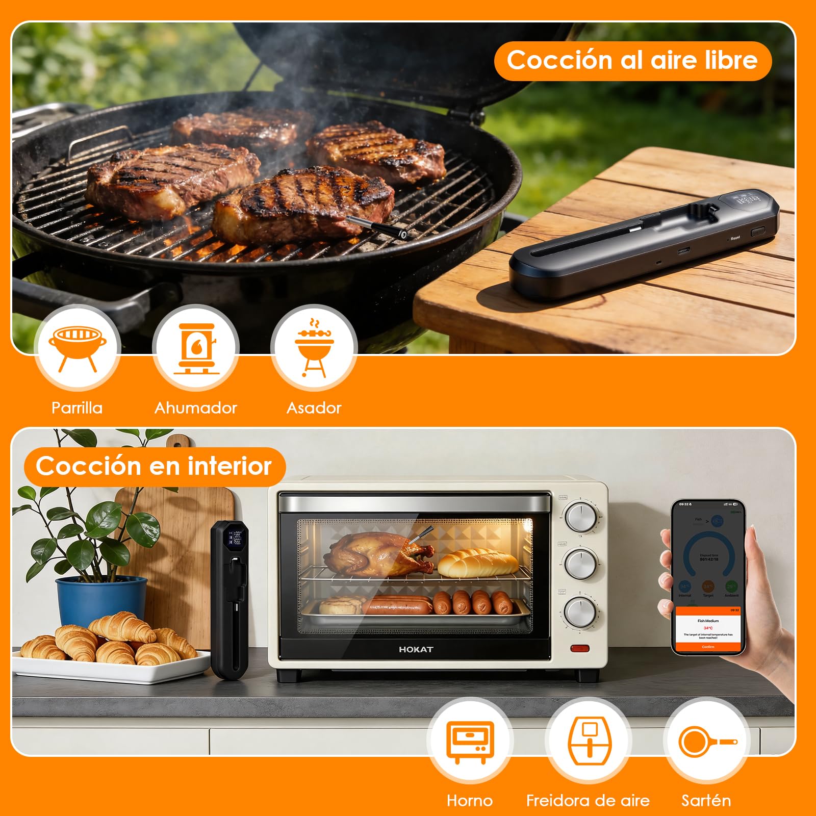 Dreamhigh® Termometro Digital Cocina con Bluetooth, 2 Sondas, IP67 Impermeable​, 0-300°C, Termometro Carne para BBQ, Grill, Cocina, Asador