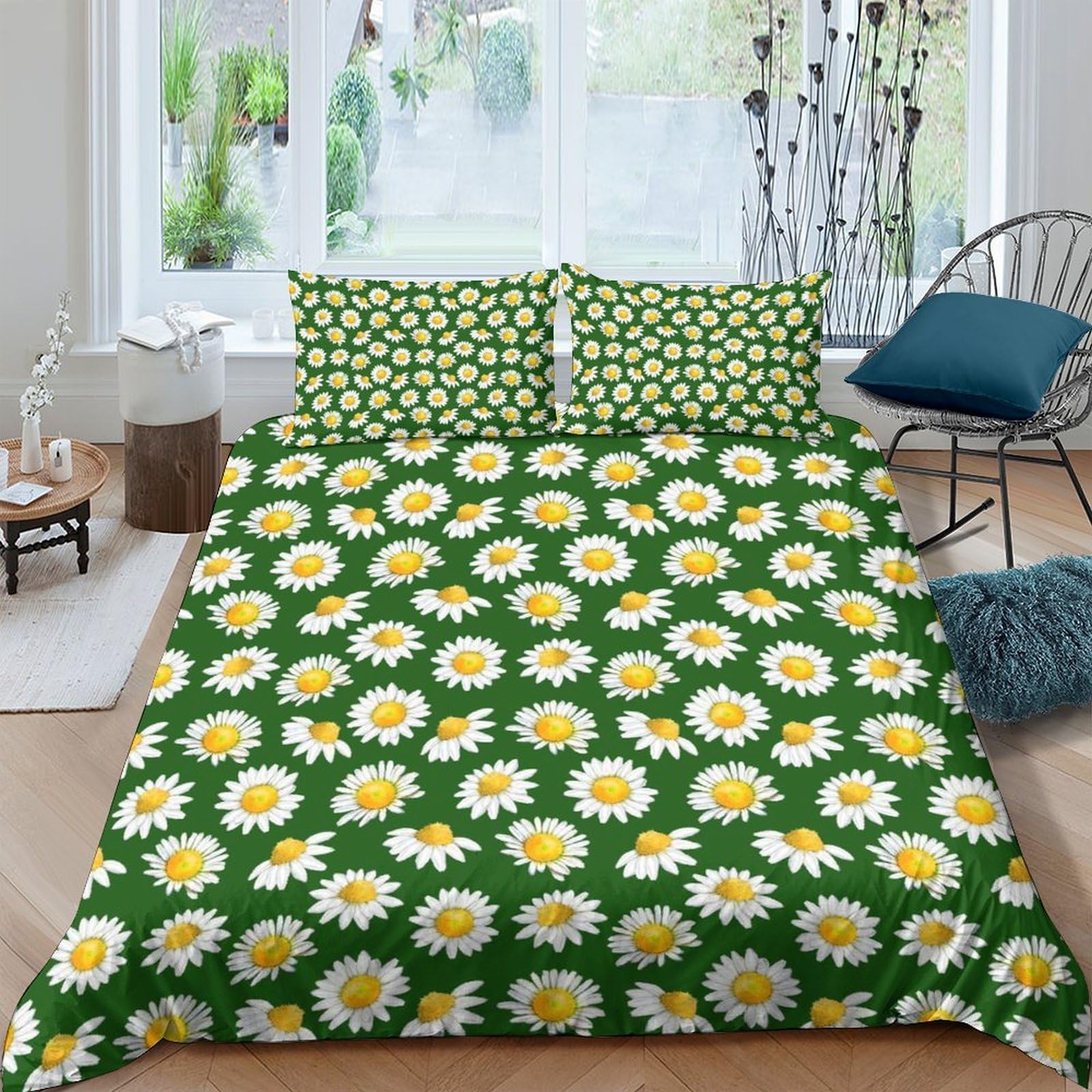 Ctjqhvkz Style-3 3D Printed Daisy Flower Fitted Sheet Microfiber Green Yellow Spring Meadow Bed Cover For Bedroom Guest Room Decor Single（135X200cm）