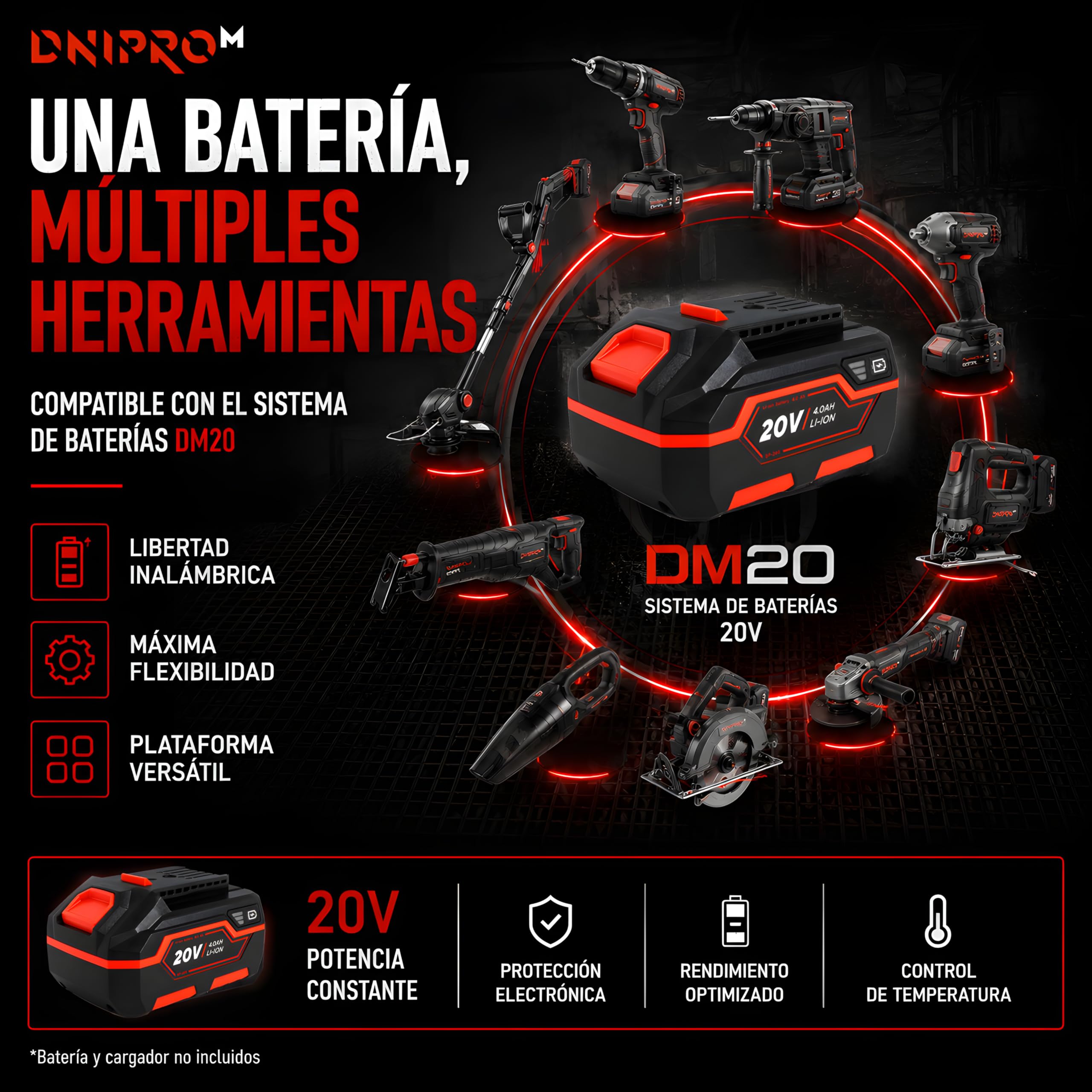 Cortabordes Inalámbrico 20V, Recortadora de Césped con Barra Telescópica, Compatible DM20 con Más de 300 Herramientas, Sin Batería ni Cargador, DTC-201