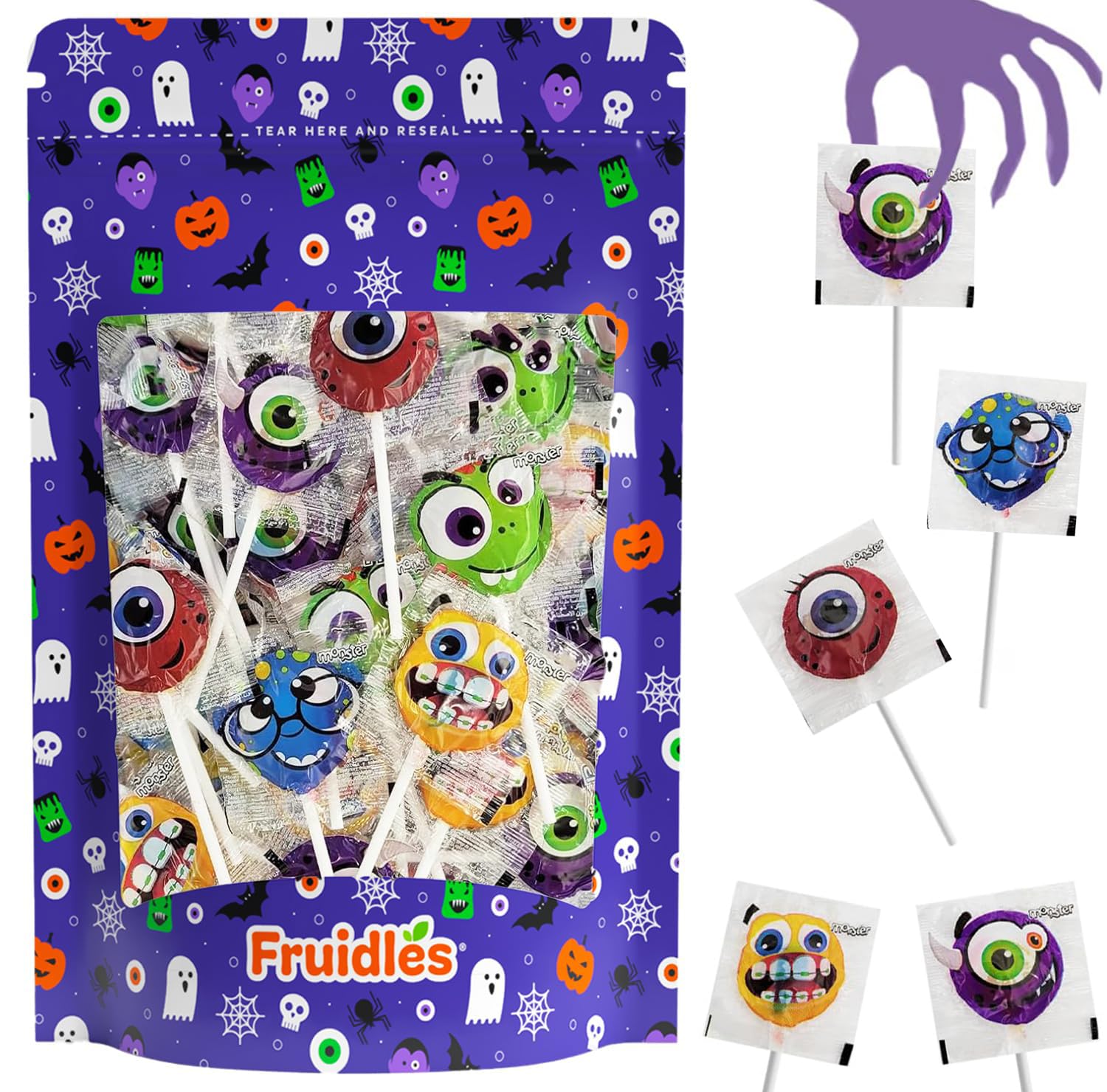 40 paletas de monstruo de Halloween, caramelos variados, rellenos de bolsas de golosinas, envueltos individualmente de 8 gramos