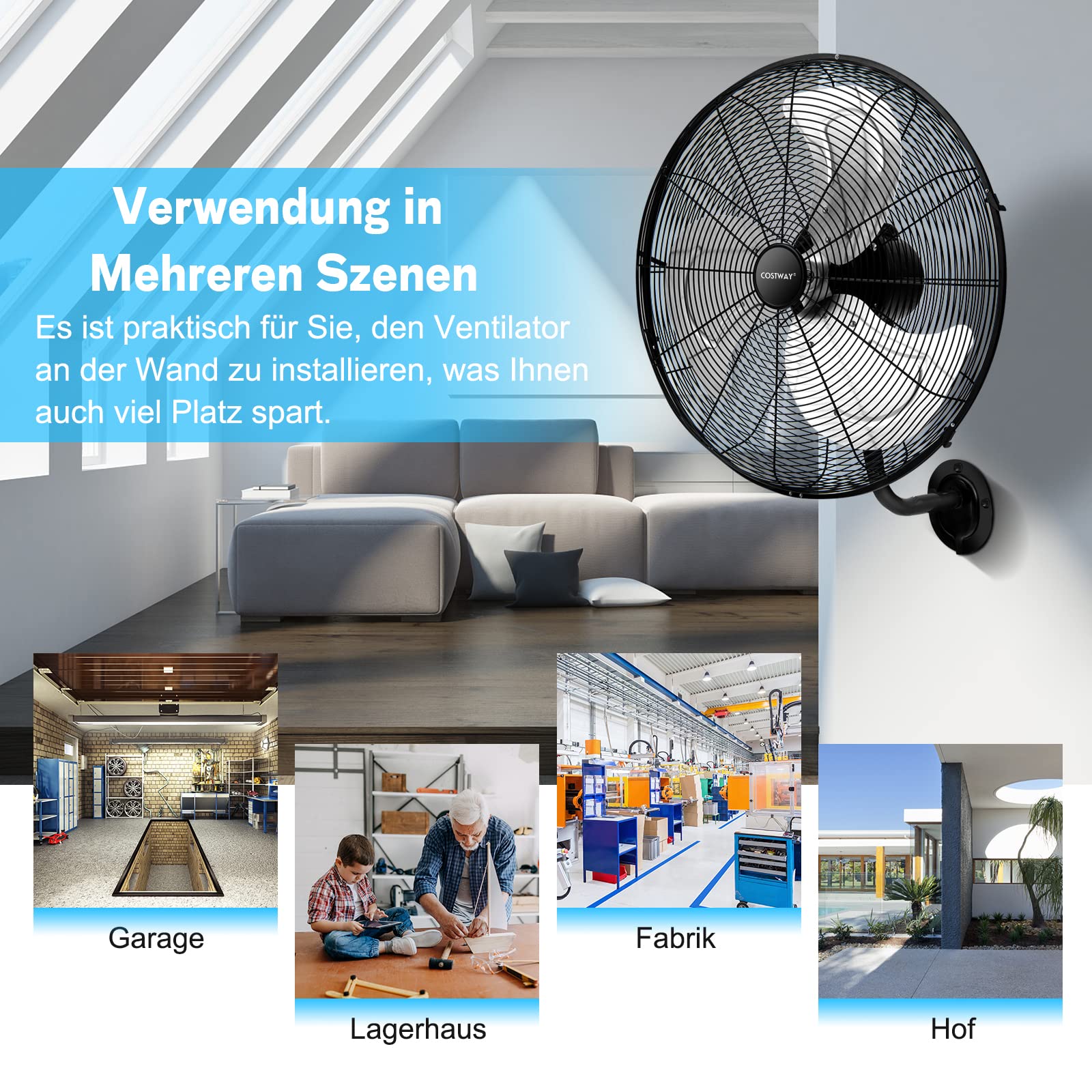 COSTWAY Φ56cm Wand-Ventilator Industriell, Oszillierend 3 Stufen für Lager, Werkstatt
