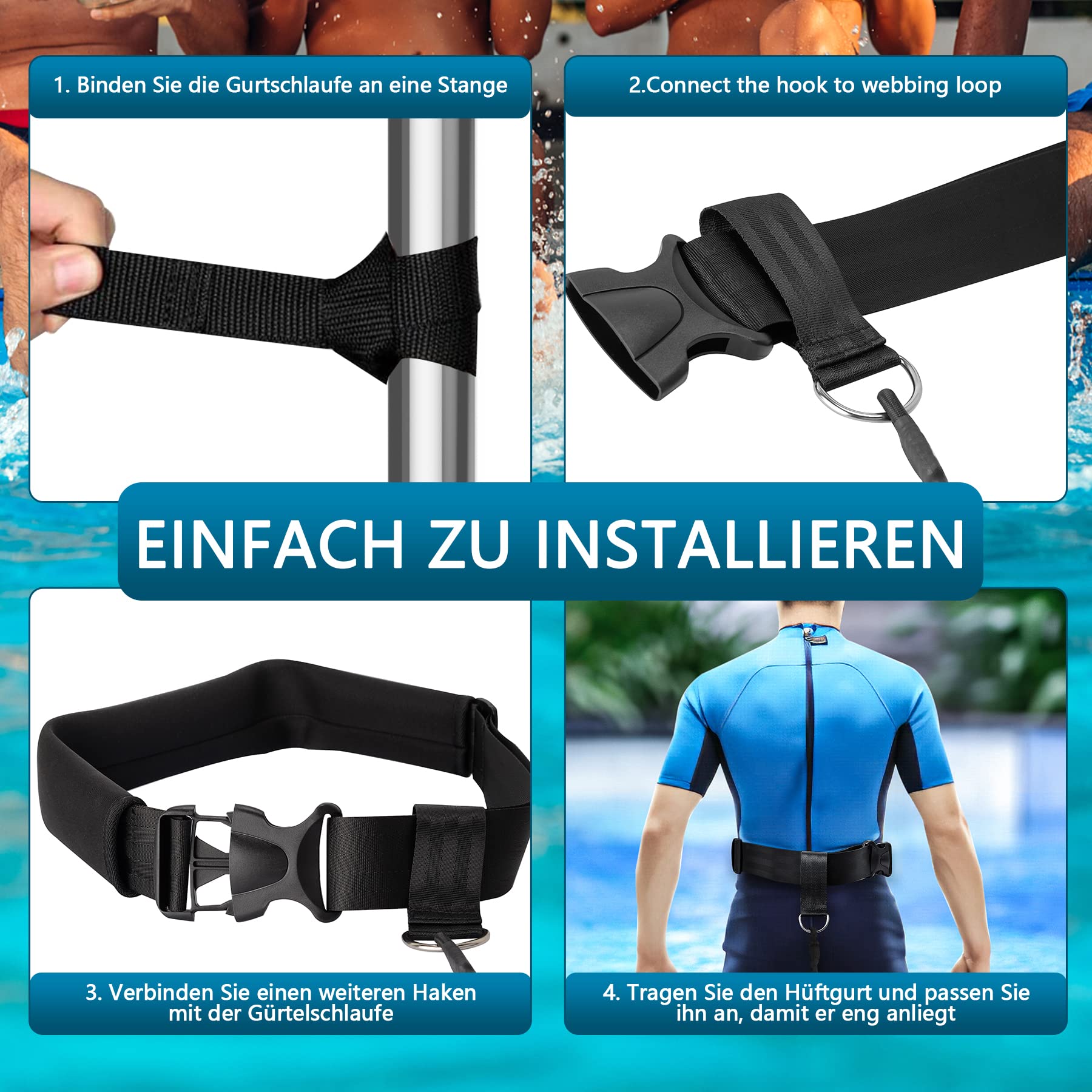 BOOSTEADY Schwimmgurt für Pool 3.6M Einstellbare Schwimmwiderstand Gürtel Schwimmhilfe Schwimmtrainer Gürtel Leine für Kinder Erwachsene