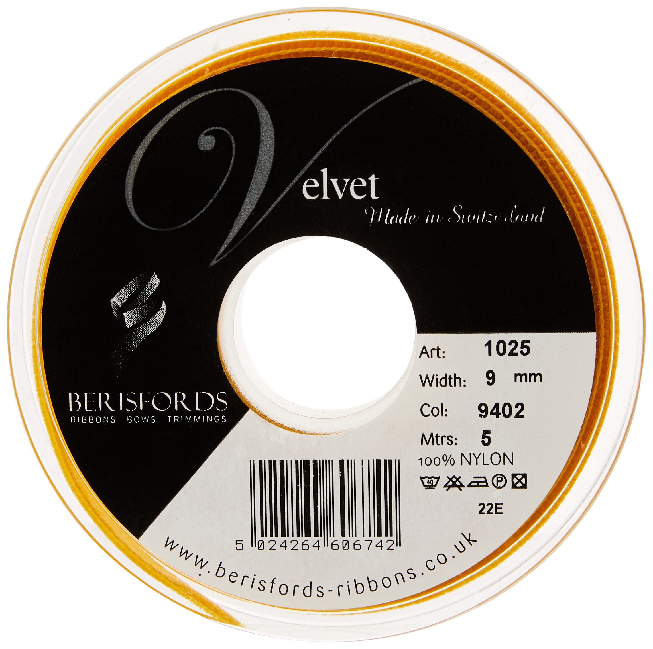 Berisfords Velvet Ribbon, Gold, 102 x 15 x 102 cm