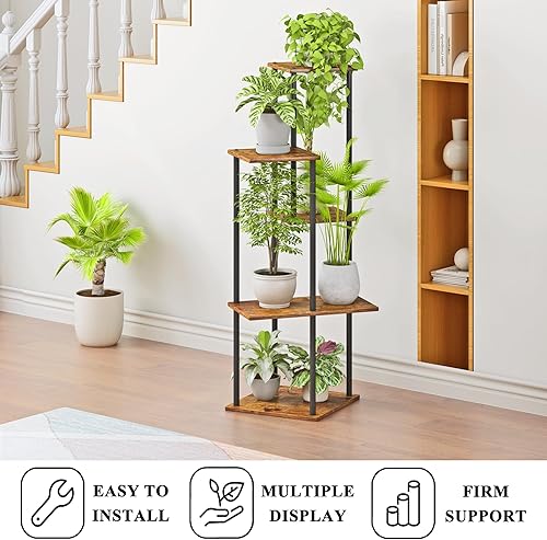 Miniatura 4 de Soporte para plantas de interior de 5 niveles de metal y madera para múltiples macetas de flores, soportes altos de esquina para flores para sala de