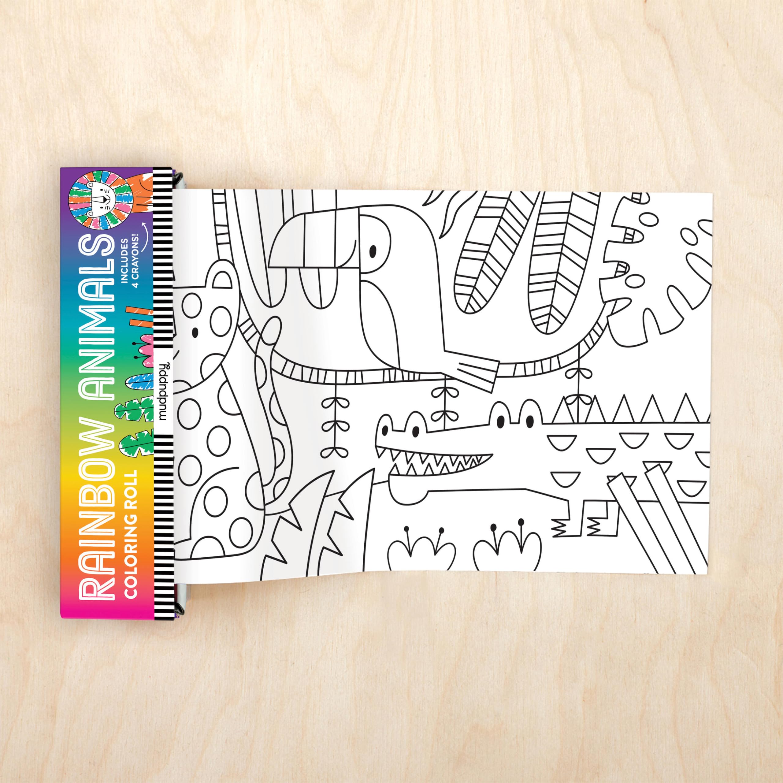 Mudpuppy Rainbow Animals - Travel Friendly Mini Coloring Roll with Illustrations of Jungle Animals and Includes 4 Non Toxic Crayons