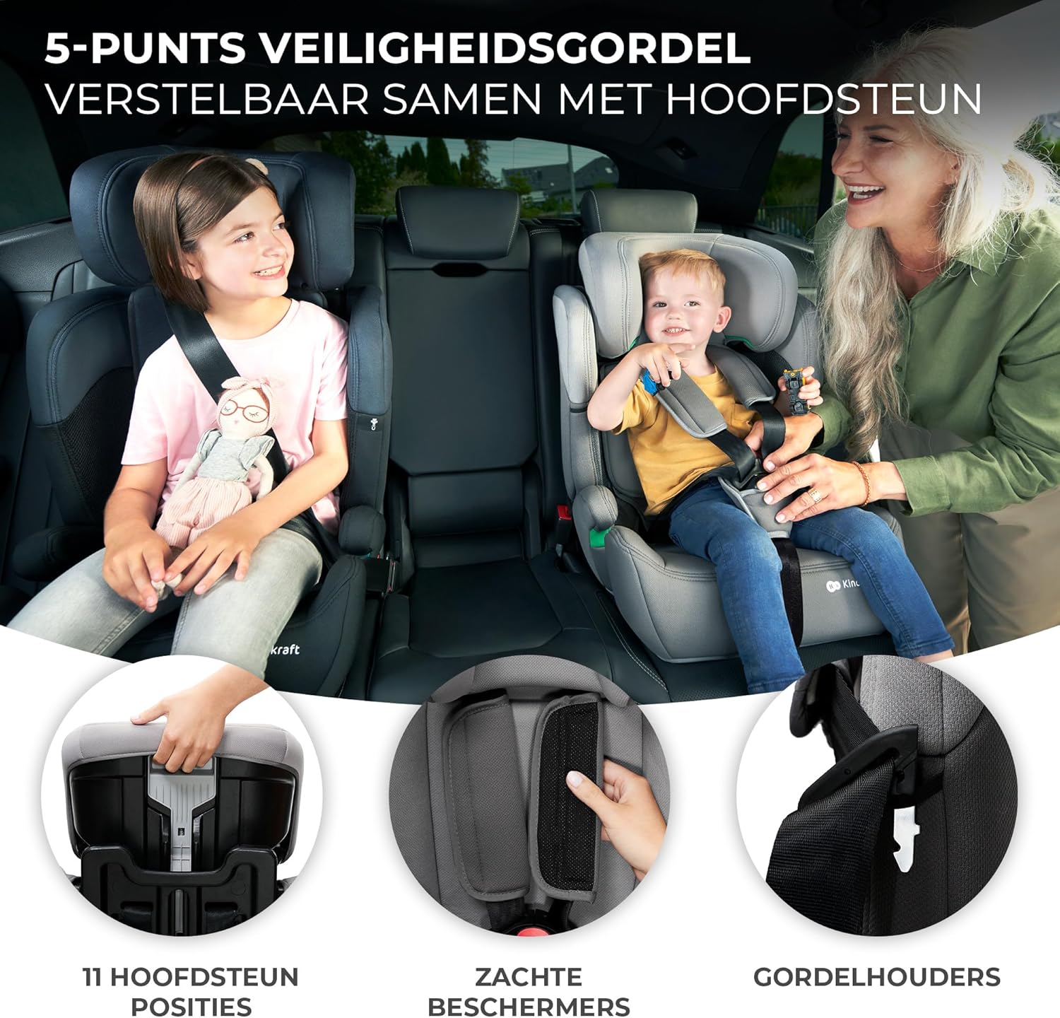 Image showing a child secured in the Kinderkraft COMFORT UP I-SIZE car seat with the 5-point harness, highlighting soft protectors and harness holders.