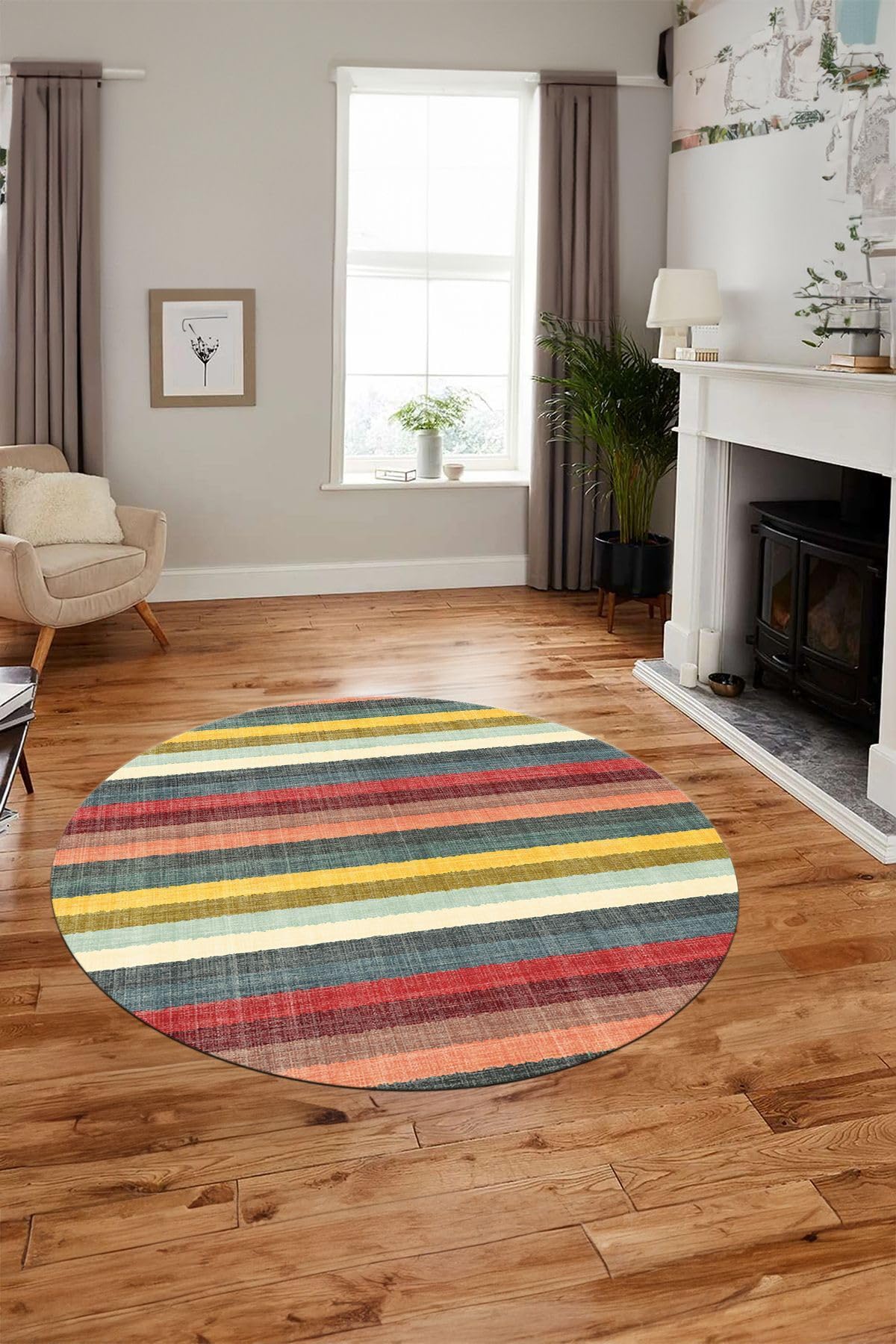Evdeya Modern Kilim Desen Dijital Kaymaz Taban Yıkanabilir Yuvarlak Mutfak Salon Halısı Y-MODERN-25, Çok Renkli, 100 x 100