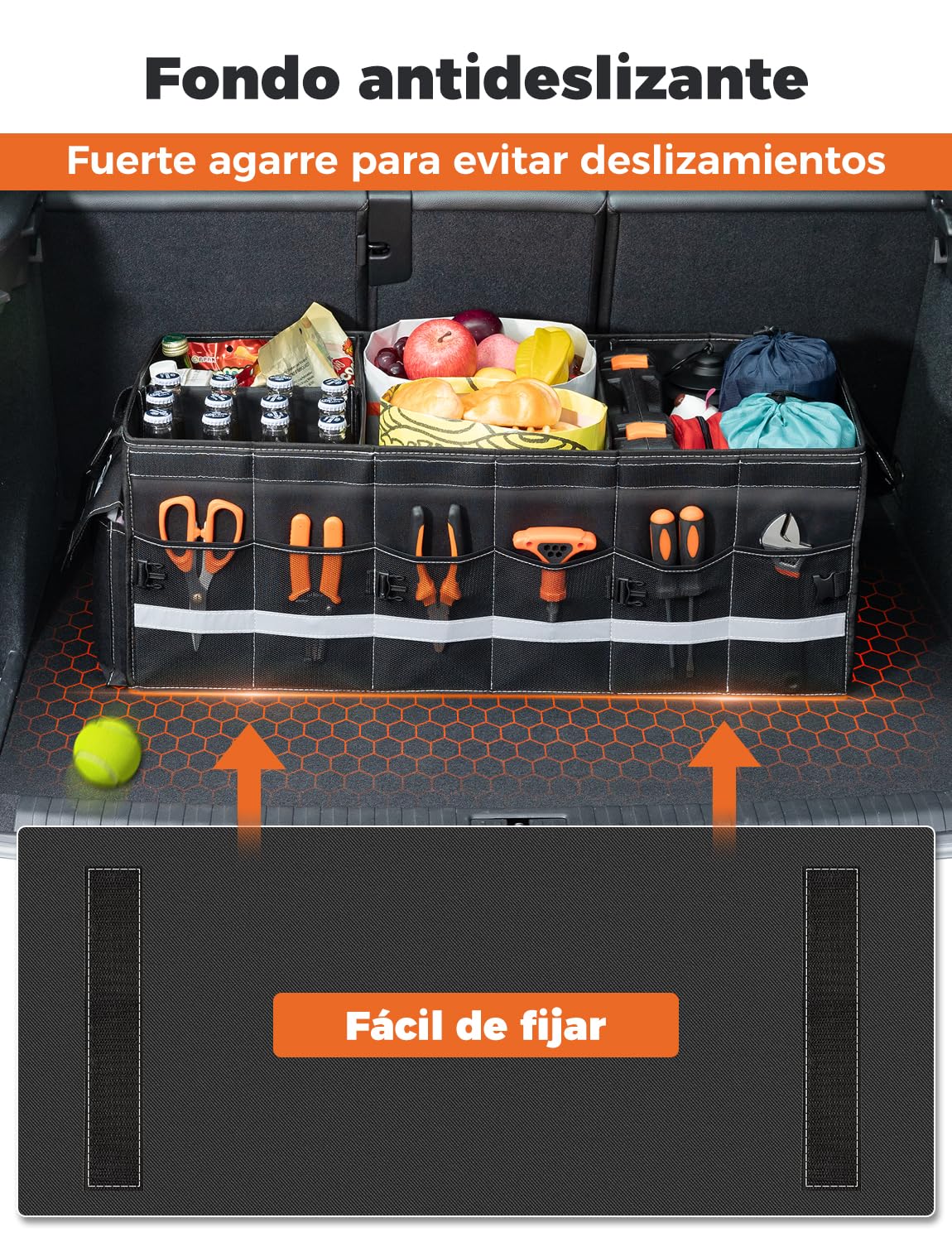 Oasser Organizador Maletero Coche 75L Grande 3 Compartimentos Tapa Desmontable Plegable Antideslizante 1 Bolsillo Grande 6 Bolsas Laterales Malla