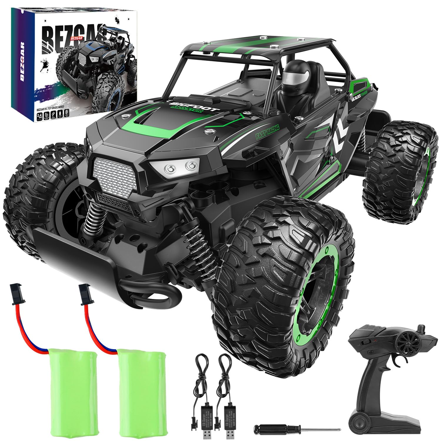 BEZGAR Remote Control Cars - 1:14 Scale RC Car, 2WD 20KM/H All-Terrains Toy Off Road Vehicle Monster Truck with 2 Rechargeable Battery for Boys Kids Adults and Girls, TB142