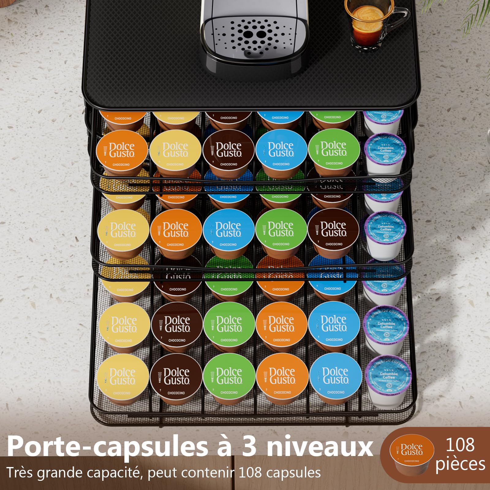 Eukue Porte Capsule Dolce Gusto 108 Capsules - 3 Tiroirs Rangement Support Métal Antidérapant