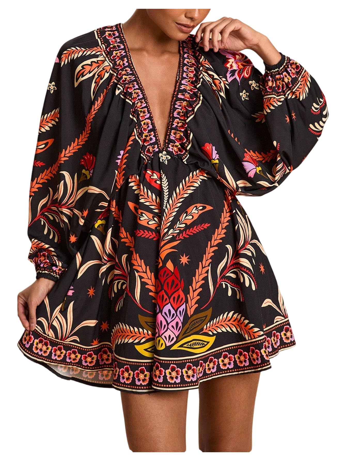 Women's Boho Floral V Neck Mini Dress Bishop Sleeve Tropical Dress