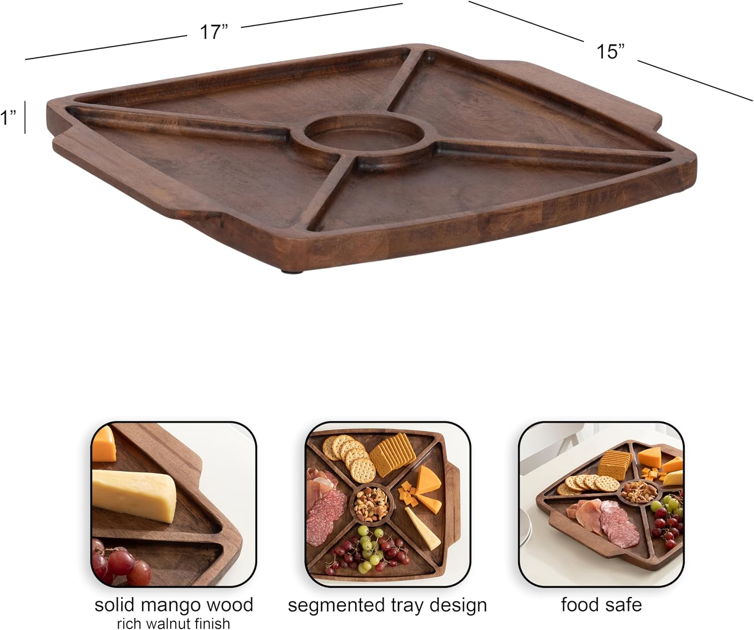 Kate and Laurel Criscroft Modern Square Mango Wood Food-Safe Serving Tray with Handles, 17 x 15, Walnut Brown, Mid-Century Divided Charcuterie Board for Use as Hosting Serveware Kitchen Counter Decor