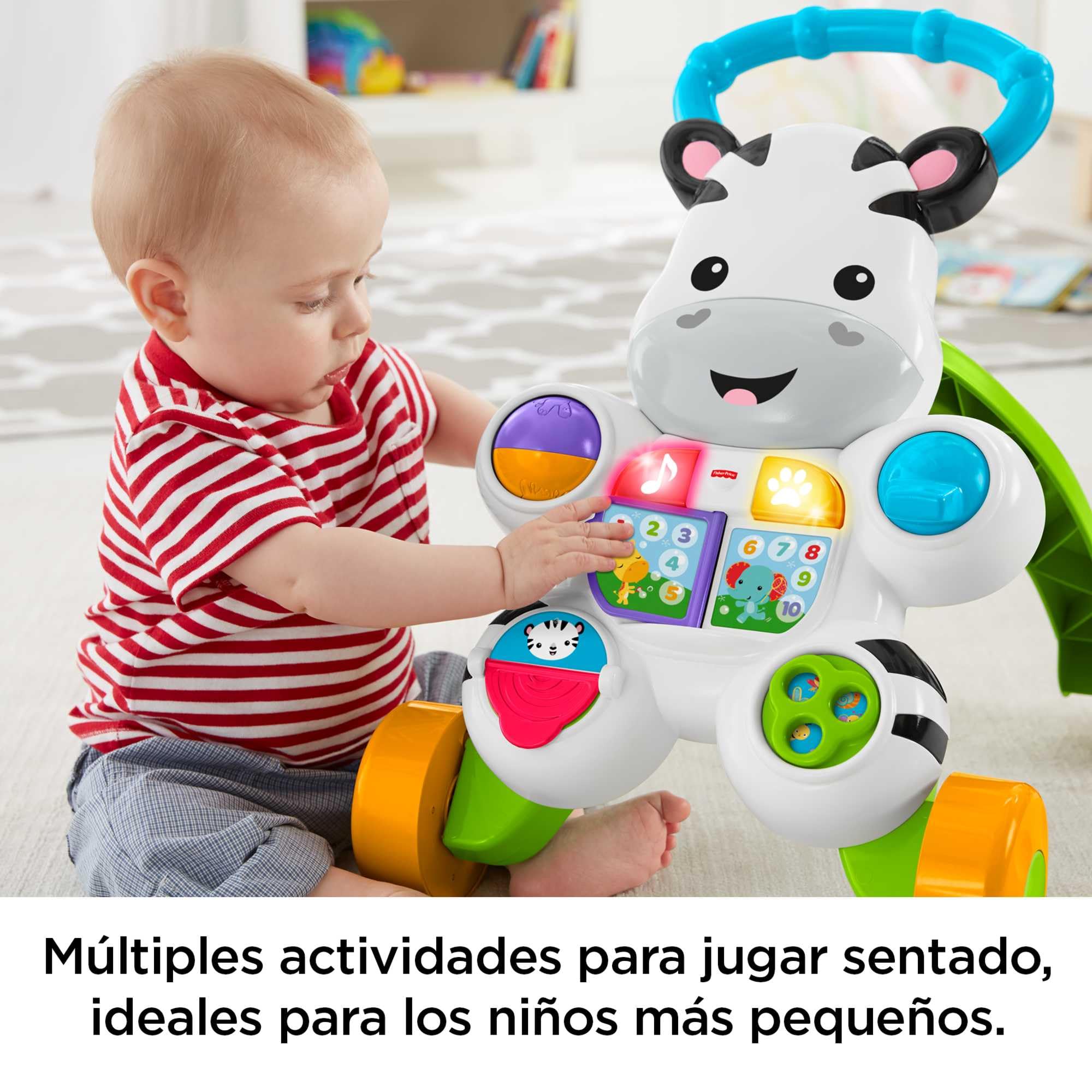 Fisher-Price Zebra Primi Passi Spingibile, Giocattolo Elettronico Educativo con Musica e Suoni, per Camminare, per Bambini di 6+ Mesi, Edizione: Spagnolo - Imballaggio ridotto, GXC34