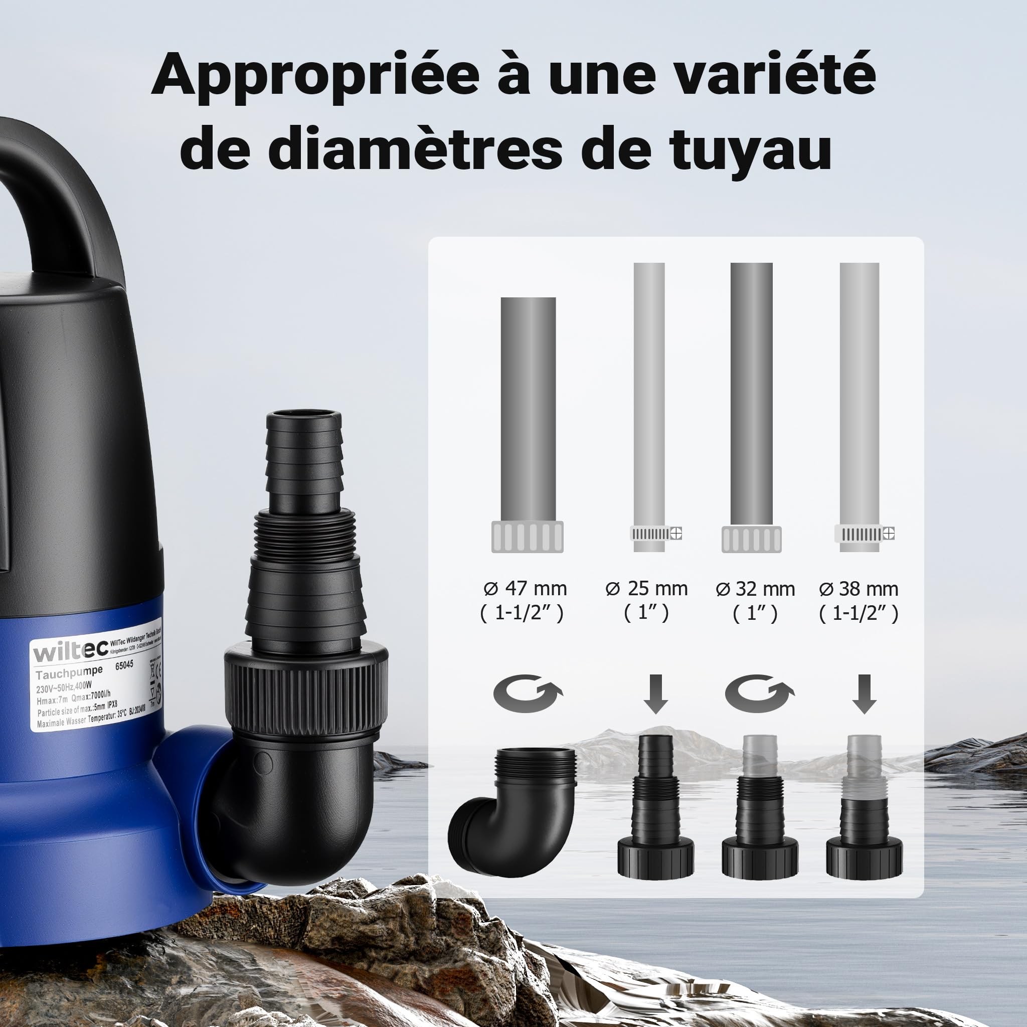 Wiltec Pompe à eau immergée à aspiration plate 400 W – Jusqu’à 1 mm – 7000 l/h – Refoulement max. 7 m, profondeur max. 7 m – Capteur de niveau d’eau – Pompe submersible Eau propre