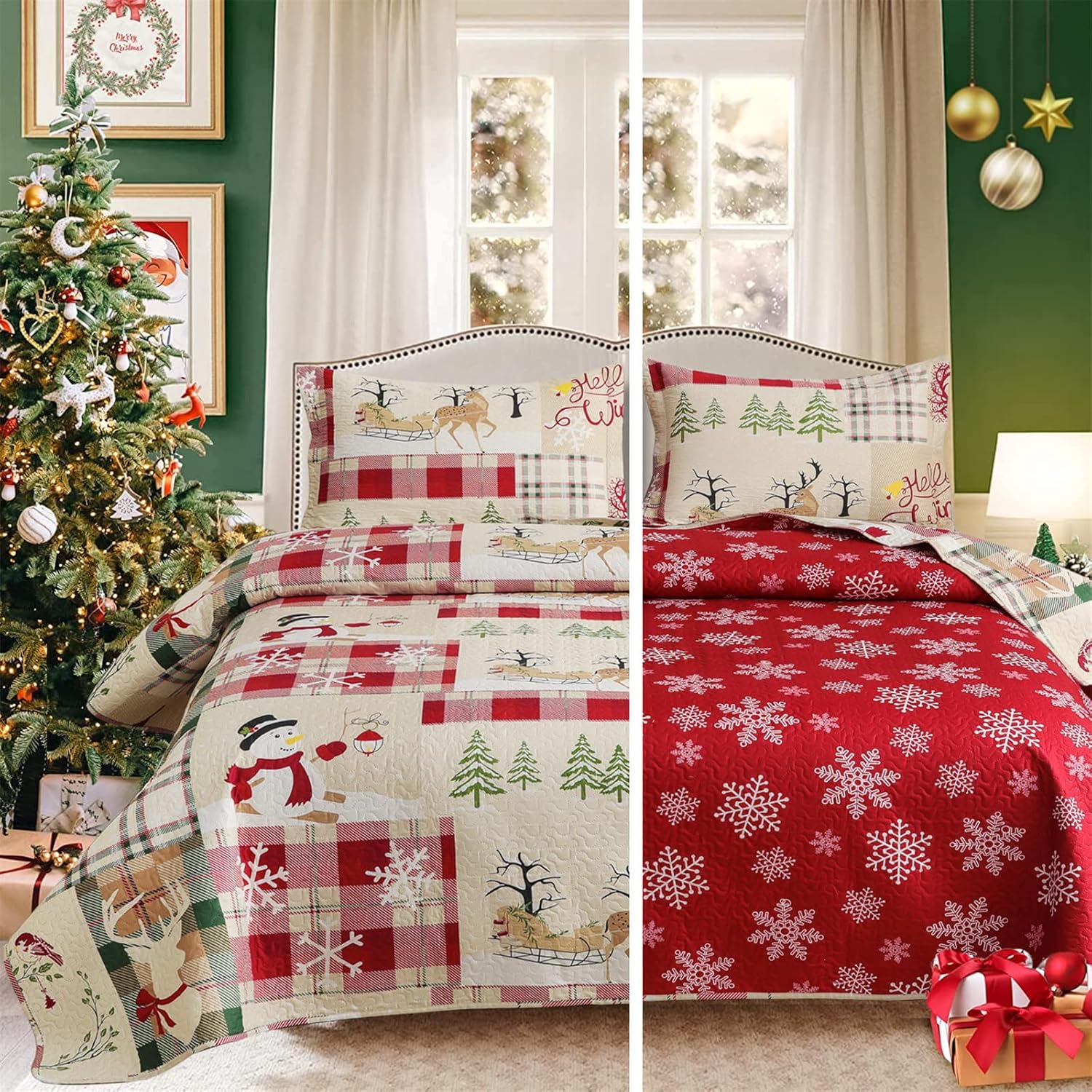 Reversible Xmas Bedding Quilts Twin Size Plaid Poinsettia Christmas Bedspread Patchwork Red Cardinals Snowmen Quilt Reindeer Snowflake Geometry Coverlet Birds Elk Moose Bed Set Christmas Decor