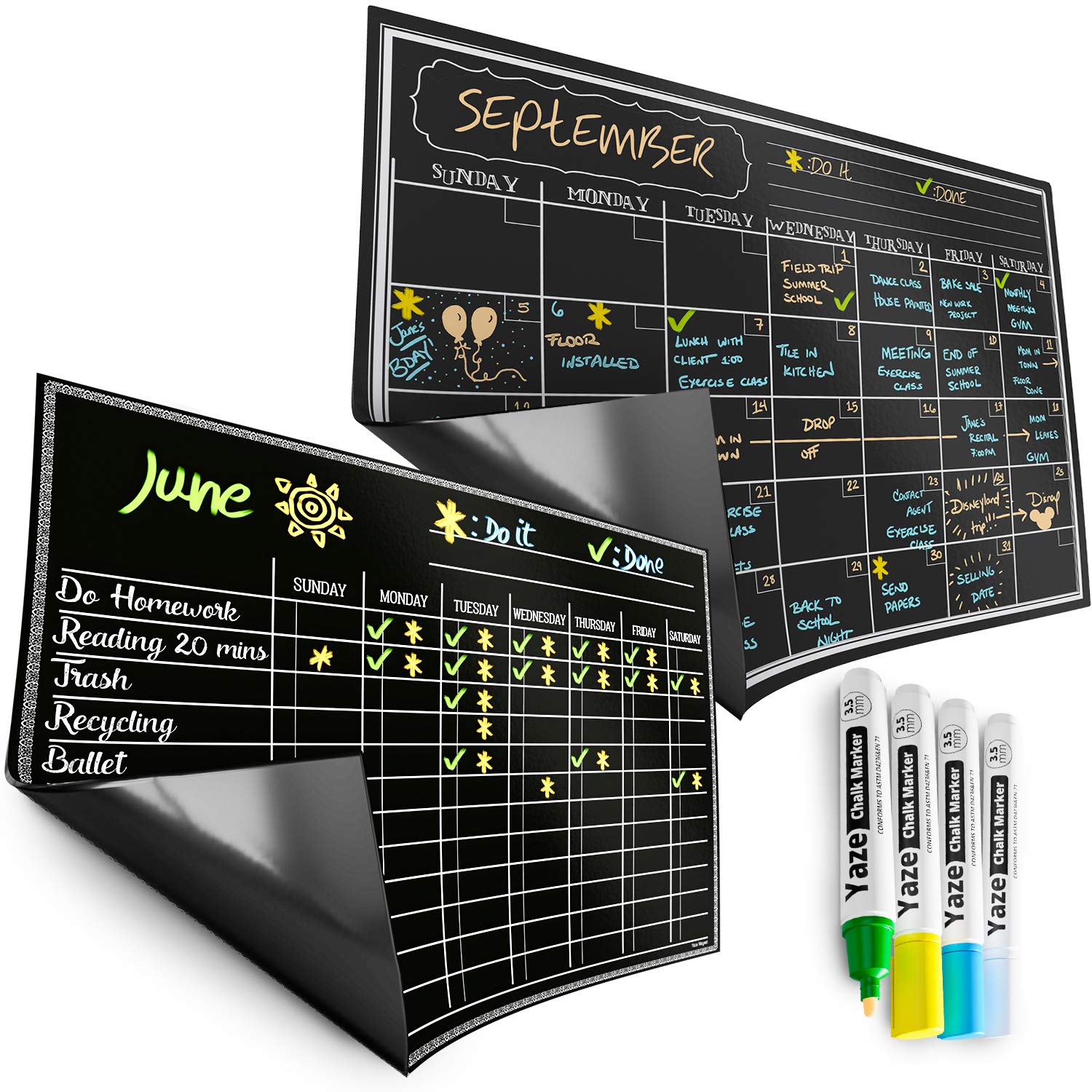 Chore Chart & Magnetic Calendar for Refrigerator - Dry Erase Chore Board for Multiple Kids - Chores Board for Fridge - 17X12” - 4 Chalk Markers - Family Refrigerator Weekly Planner
