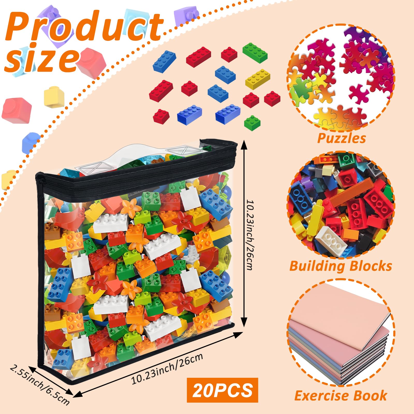 20 Pack Clear Toy Storage Bags PVC Organizing Bags with Zippered, Toy Storage Organizer with Portable Handheld?Waterproof Toy Bags for Board Games Clay, Building Blocks, Toys?Books