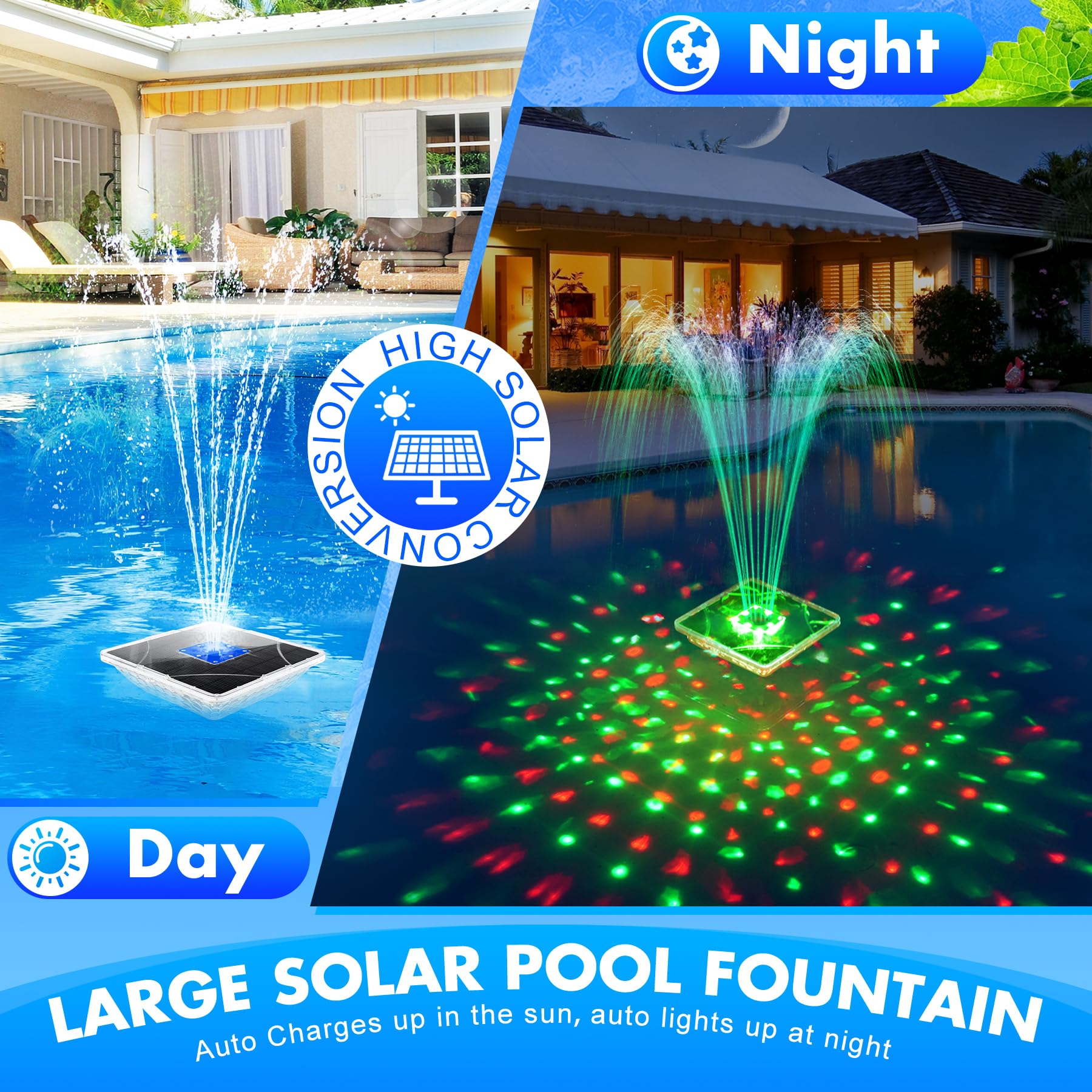 LanBlu Fuente Solar con Espectáculo de Luces, 24 * 24CM Fuente Flotante para Piscina con Ancla, 7 Modo de Iluminación Fuente Solar Jardin Exterior, Flotante Fuentes Solars para Estanque Piscina