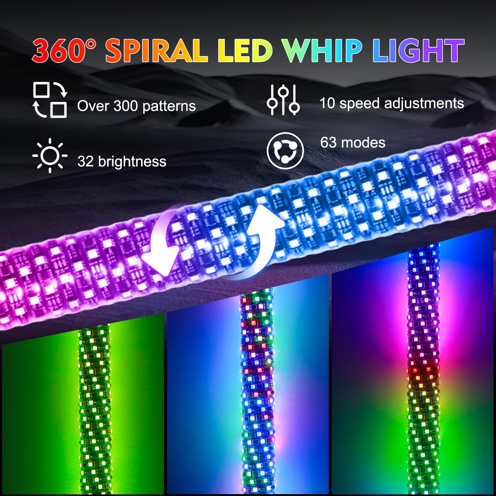 2PCS 3FT Fat Whip Lights with App + Remote Control LED Lighted Antenna Whip with Brake Function Spiral RGB Thick Whip Lights for UTV ATV SXS Can-Am RZR