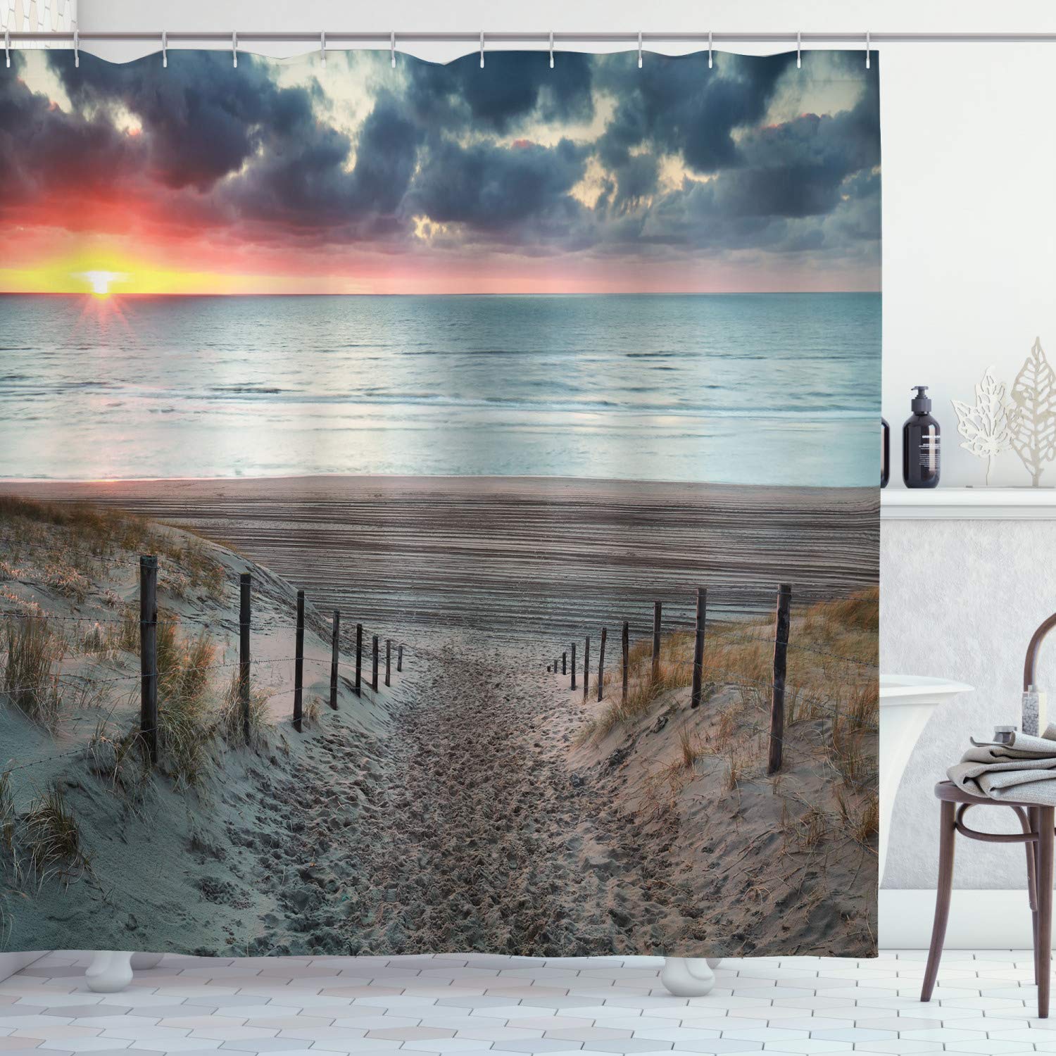 Ambesonne Beach Shower Curtain, Sun Setting View North Sea North Holland Netherlands Footsteps Outdoors Image, Cloth Fabric Bathroom Decor Set with Hooks, 84" Long Extra, Bluegrey Brown