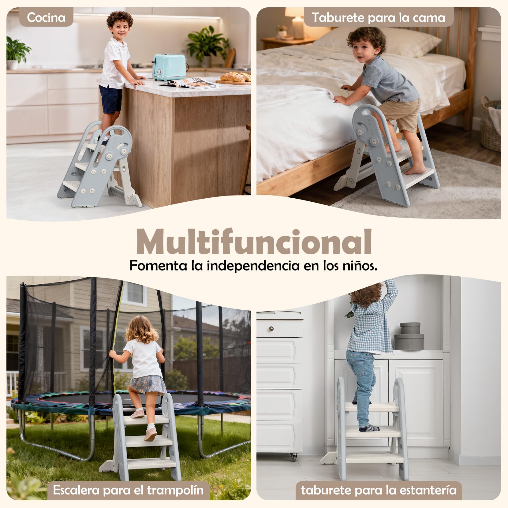 Onasti Taburete Niños Plegable, Escalon Infantil, Escalón Ajustable de 2 a 3 Niveles, Multifunción, Antideslizante, para Baño, Cocina, Inodoro y Lavabo(Gris Blanco)