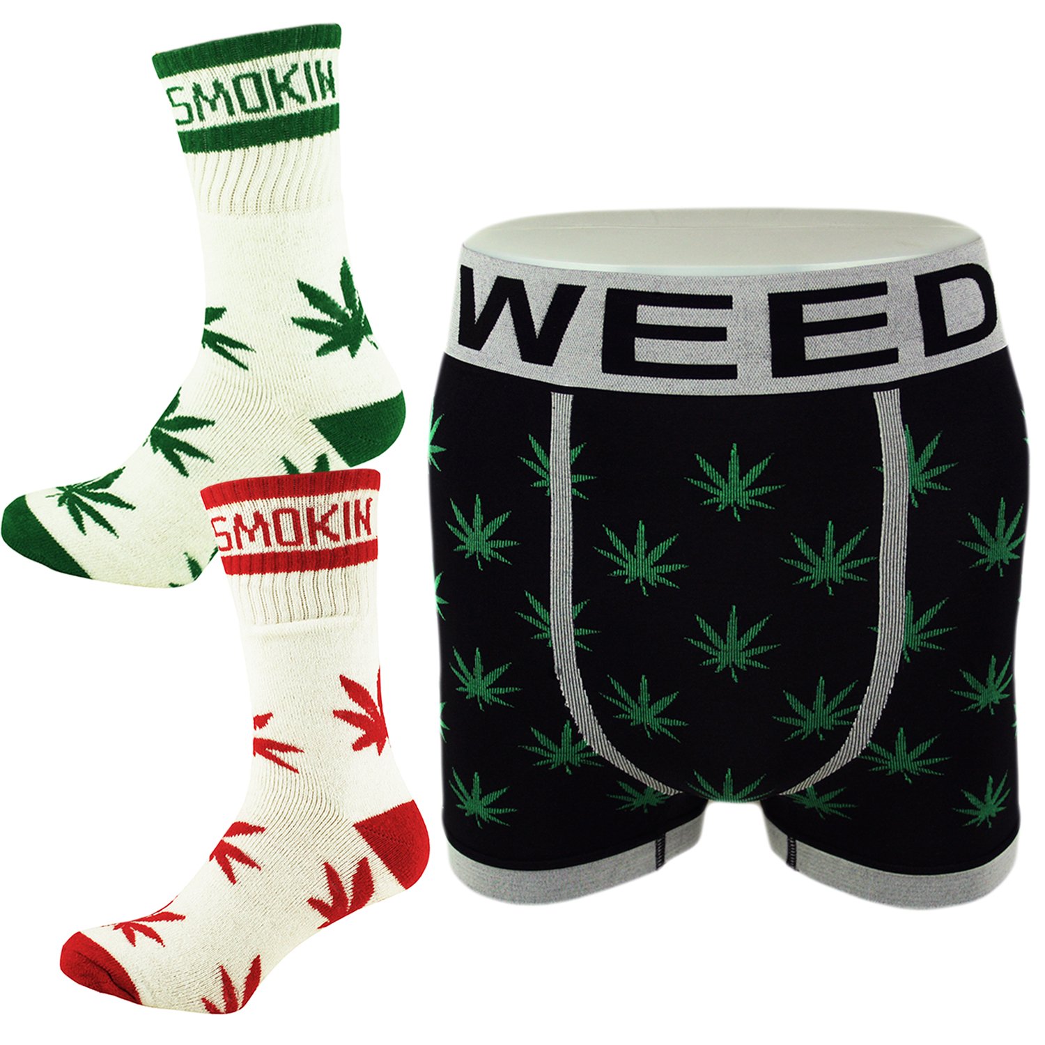 Itzu Men's 1 Black Boxers / 1 Red White Socks / 1 White Green Socks Boxer Shorts Briefs Trunks And Highlife Socks Ganja Weed Leaf Print Calf Hi Socks Set Uk 6-11 (Small (W30/32), )