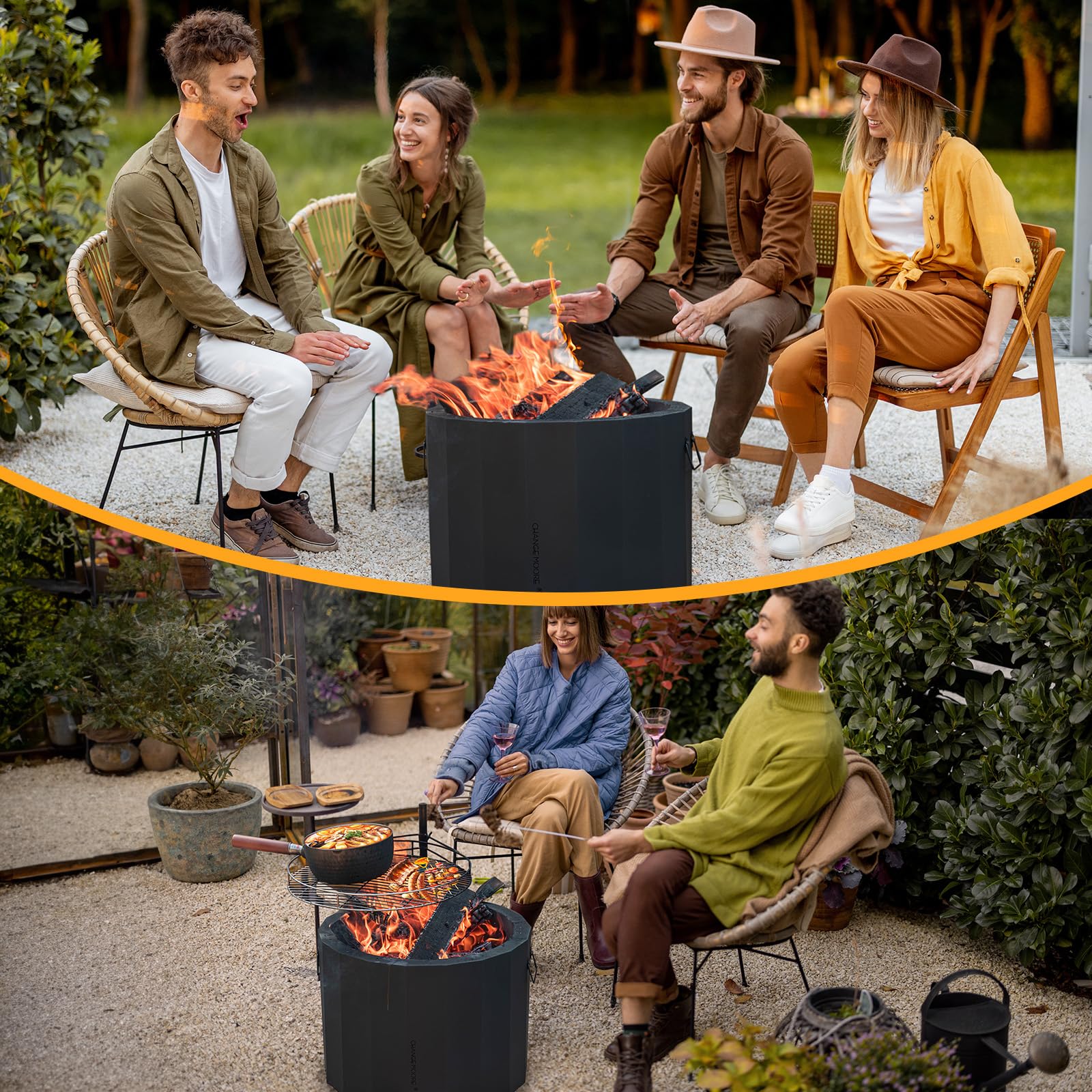 CHANGEMOORE Rauchfreie Feuerschale 50 cm, dreifache Verbrennung, Grill | Für den Außenbereich, mit abnehmbarem Aschebehälter, Feuerstellenabdeckung und Schürhakenset