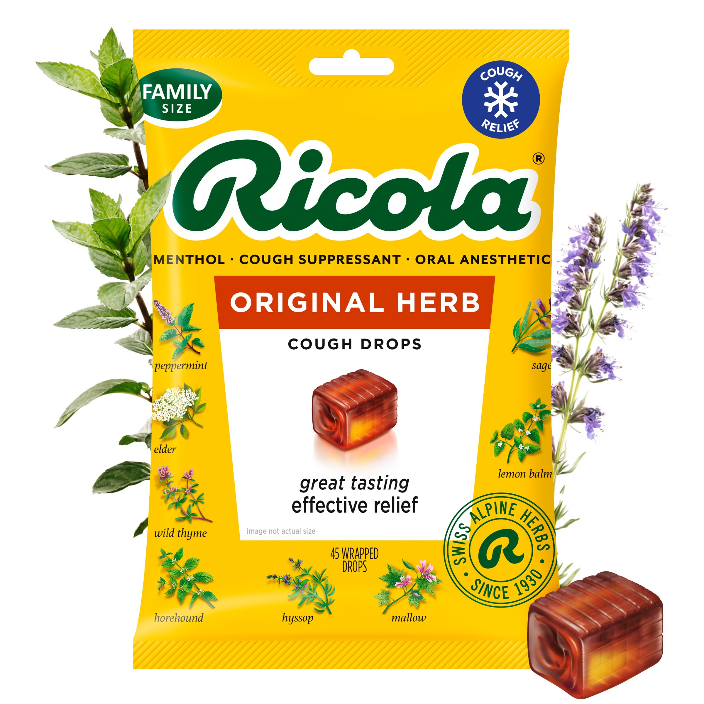 Ricola Original Herb Cough Drops, 45 Count, Cough Suppressant & Throat Ανακουφίζει σταγόνες με φυσικώς πηγασμένη μενθόλη, ευχάριστη γεύση βοτάνων & λαρυγγισμού