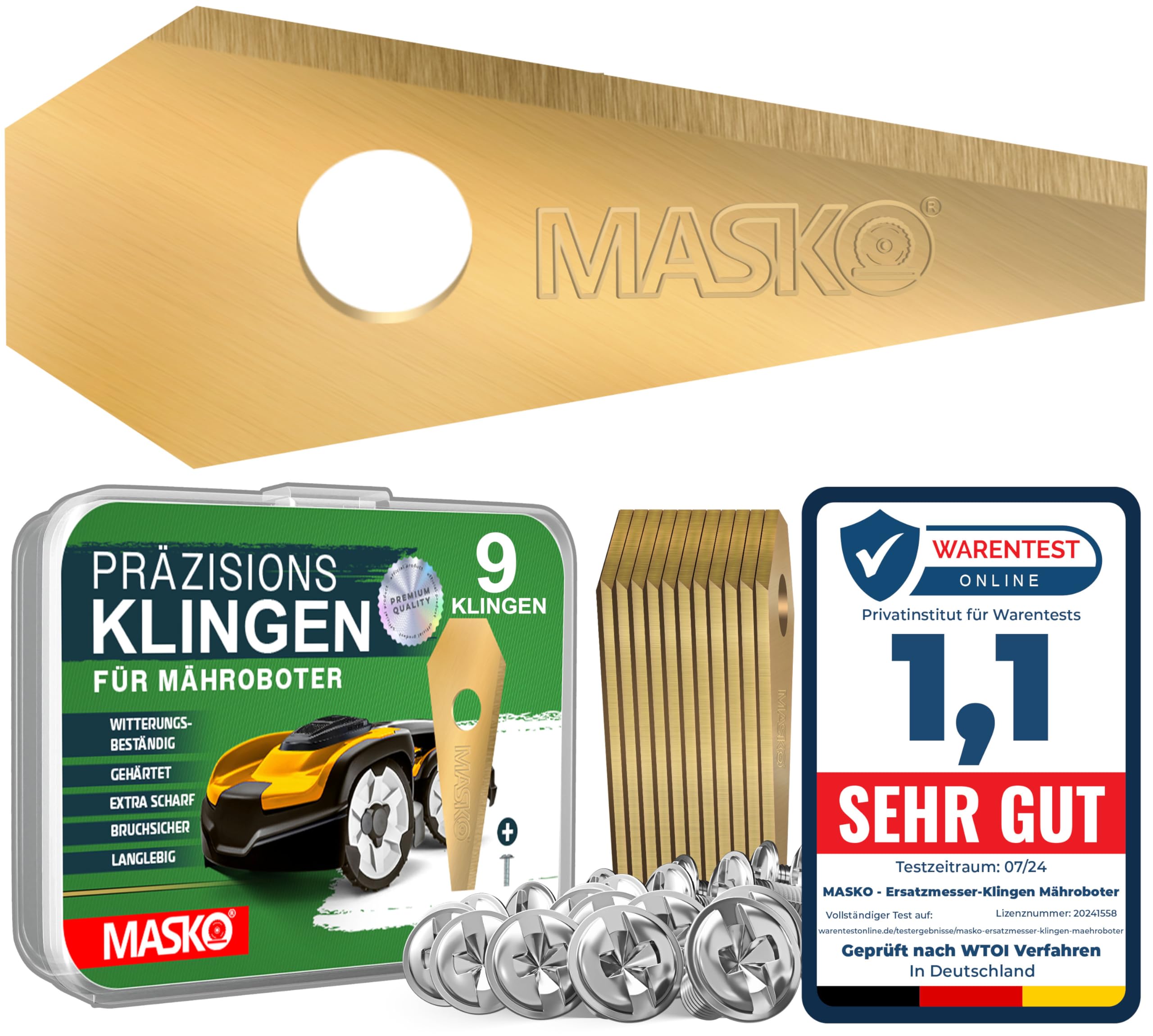 MASKO® Ersatzmesser Klingen für Mähroboter | Rasenmäher Messer universal inkl. innovativen Schrauben | Ersatzklingen Rasenroboter langlebig Titan-Beschichtung Kompatibel mit Bosch 9 Stück