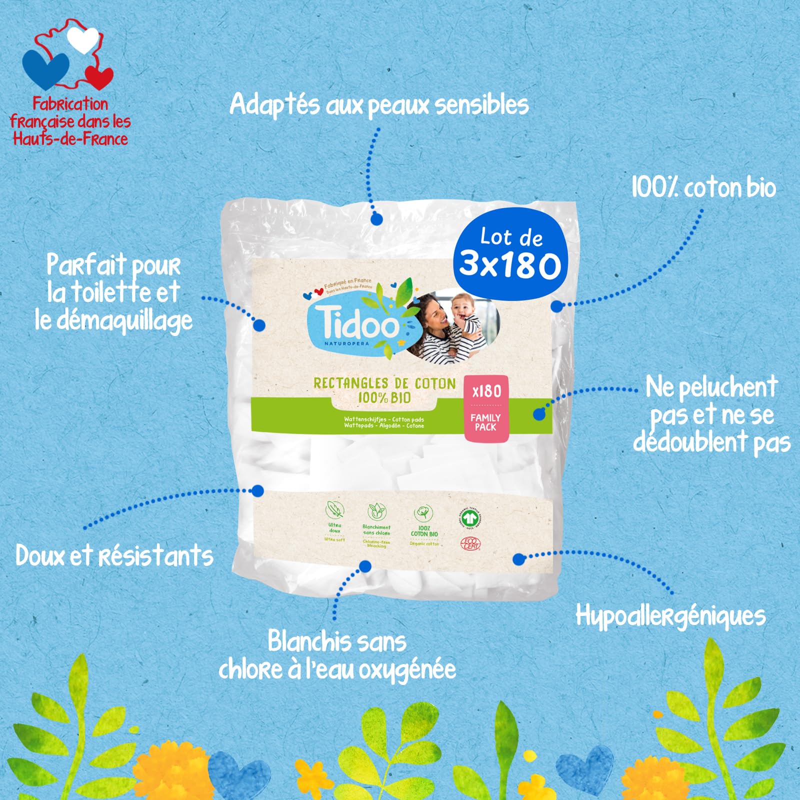 Tidoo - 1080 Coton Pads Bébé 100% Bio - Ultra Doux pour Peaux Sensibles - Change & Toilette - Fabriqués en France