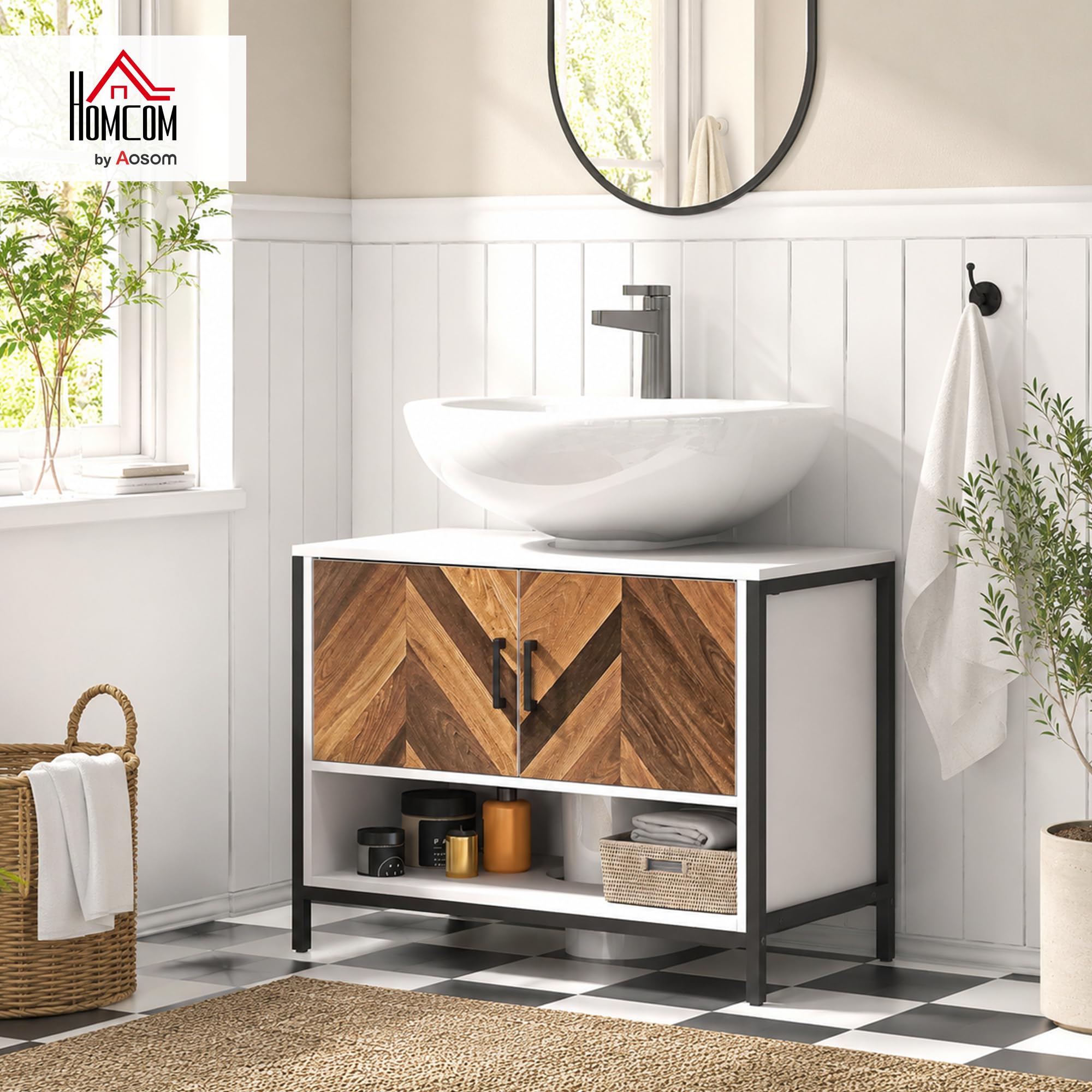 HOMCOM Mueble Bajo Lavabo de Baño con 2 Puertas 80x40x60 cm Crema y Nogal | Mueble de Baño, Patrón en Espiga, Compartimento Abierto, para Lavabo con Pedestal o con Pie