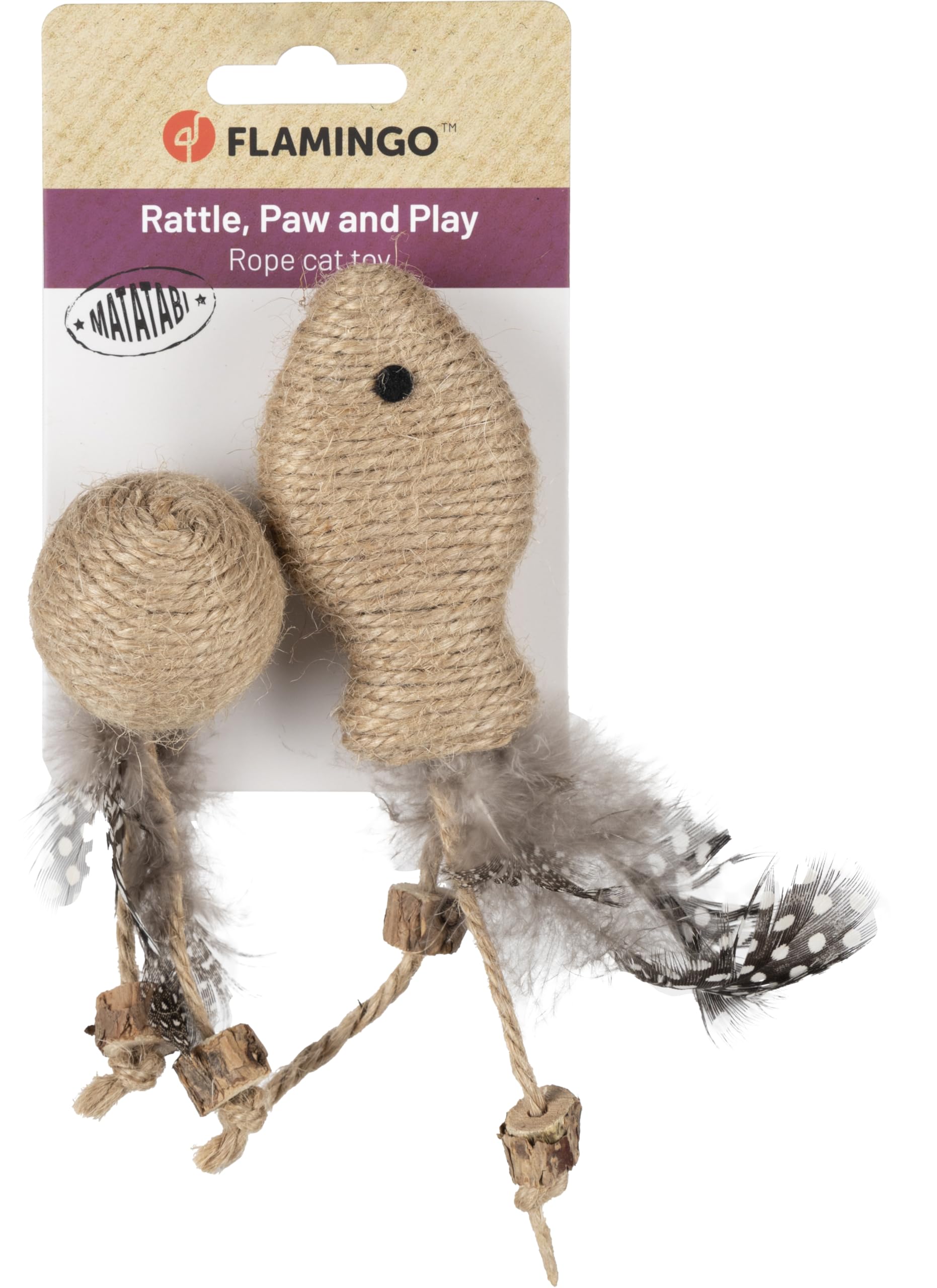 Flamingo Katzenspielzeug – Yutsa Ball & Fisch – 15cm – Matatabi-Holz & Jute – mit Rasselgeräusch & Federn – braun – Spielzeug für Katzen