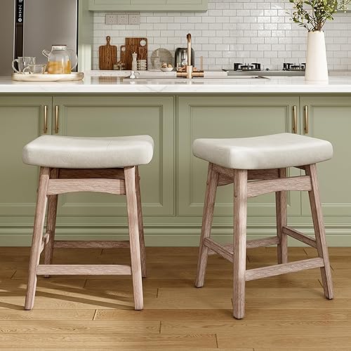 Miniatura 10 de MAISON ARTS Juego de 2 taburetes de bar beige para encimera de cocina, patas de madera maciza con asiento de cuero sintético, taburetes de bar de