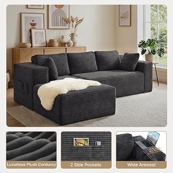 Xbro Boneless Sofa, Soft Corduroy Corner Sofa, No Assembly L Shaped Couch, 250cm Modular Flexible Sectional 3 Seater Sofa for Living Room