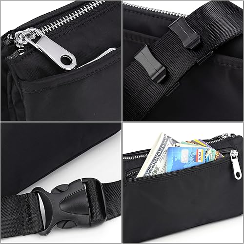 Vista 3 de UTO Riñonera para mujeres y hombres, riñonera de nailon repelente al agua, a la moda, ligera, con 5 bolsillos con cremallera