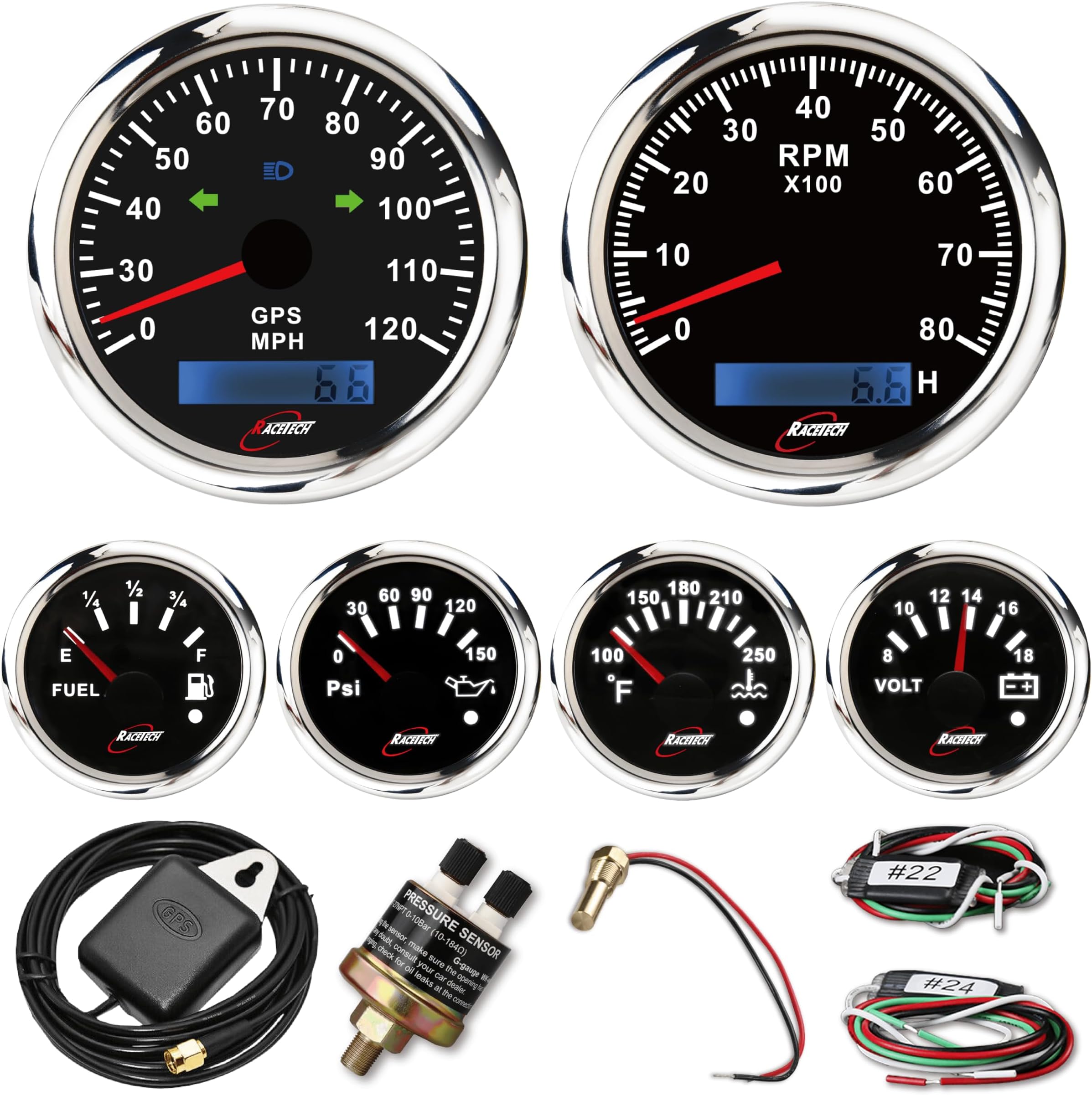 6 Gauge Marine Instrument Set 7 Color Black Indicator Light 3-3/8" GPS Speedometer 120 MPH ODOMETER Tachometer 8000 RPM 2-1/16" Fuel Gauge 240-33 ohm Oil Pressure Water Temp Volt 12V24V Truck