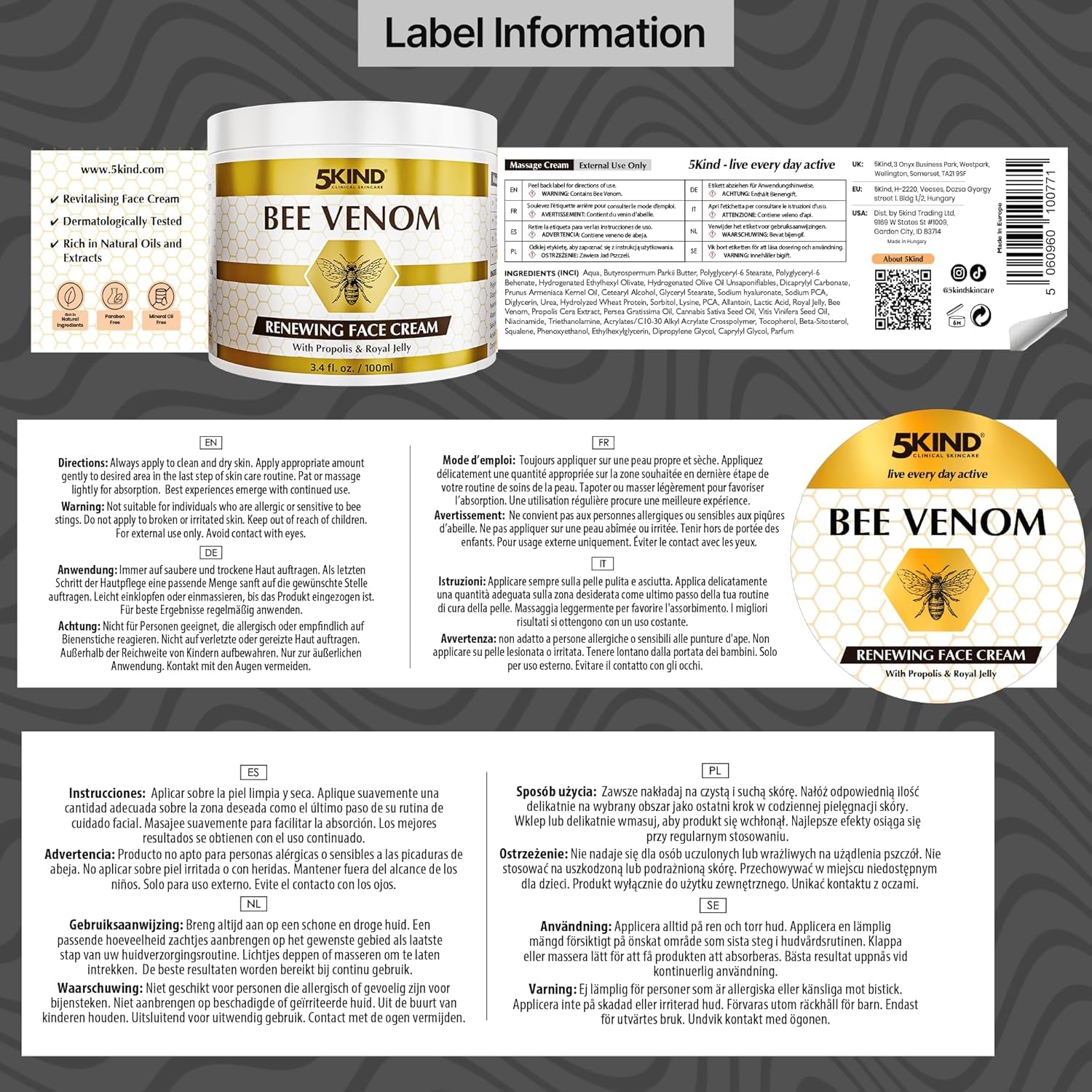 Crème Visage Régénérante au Venin d’Abeille 5Kind avec Propolis & Gelée Royale 100 ml - Crème Anti-Âge au Venin d’Abeille pour Femmes & Hommes - Crème au Venin d’Abeille contre les Rides