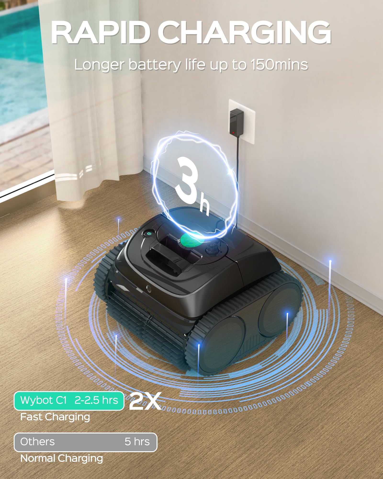 WYBOT C1 Robot basenowy z inteligentnym planowaniem trasy, w pełni automatycznym czyszczeniem podłogi, linii wodnej i ścian, do 150 minut, ulepszony potrójny silnik, idealny do 150㎡