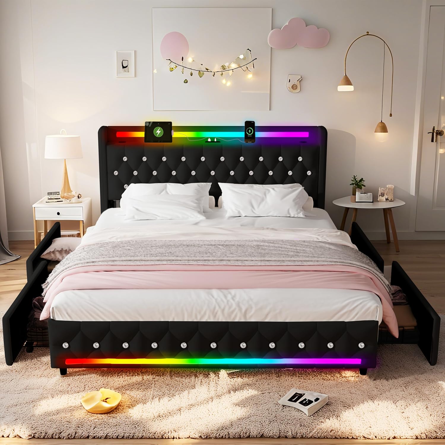 Queen Bed Frame with Bluetooth Speakers,USB & Type-C Charging Station & LED Headboard and Footboard & 4 Drawers Storage,Wooden Slats Support,Velvet Upholstered Bed,Easy Assembly,Black
