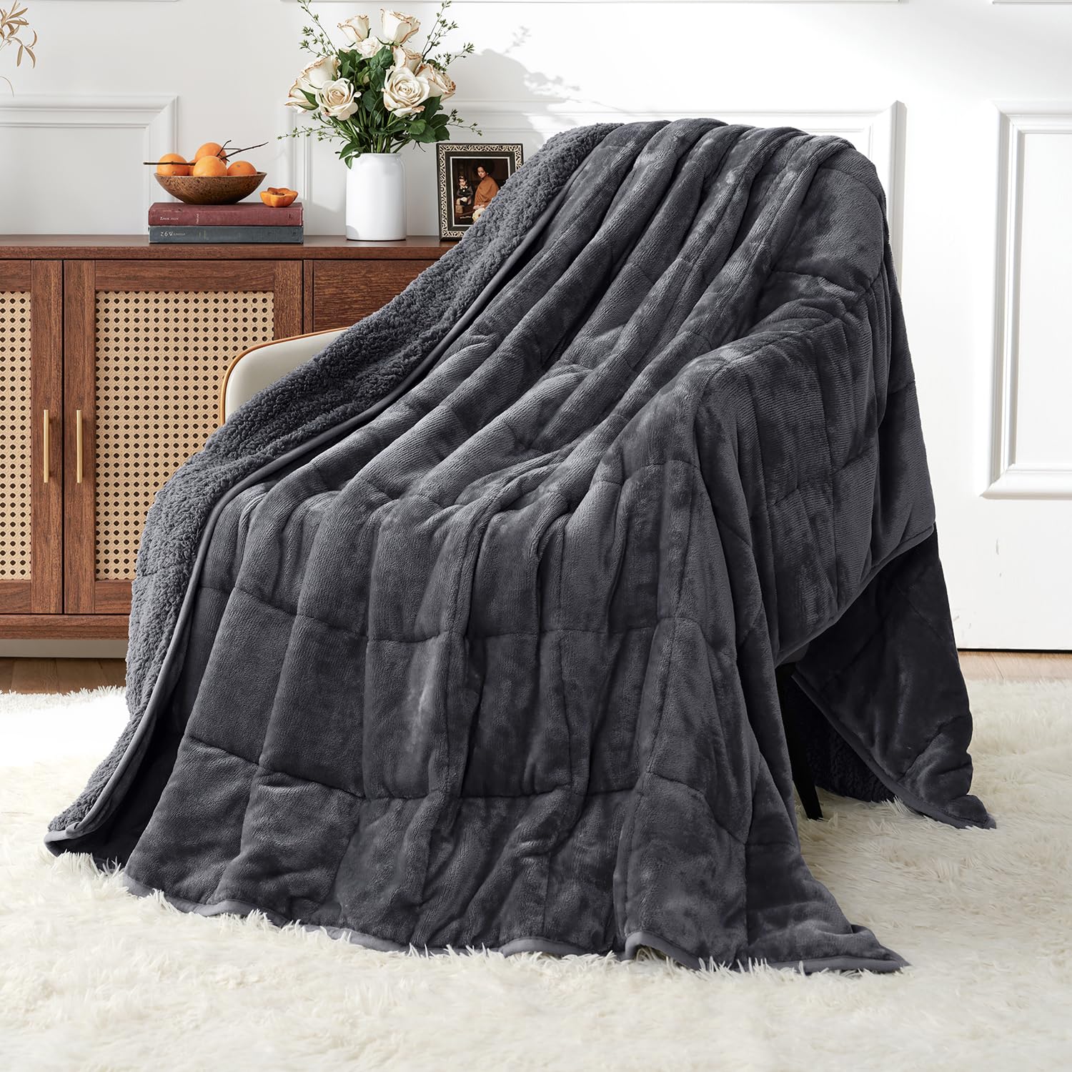 Uttermara Weighted Blankets for Adults King Size, 15lbs 80x87 inches | Soft Plush Fleece; Warm Cozy Sherpa; Machine Washable; Filled with Glass Beads; Heavy Throw for Sleep and Calm; Dark Grey