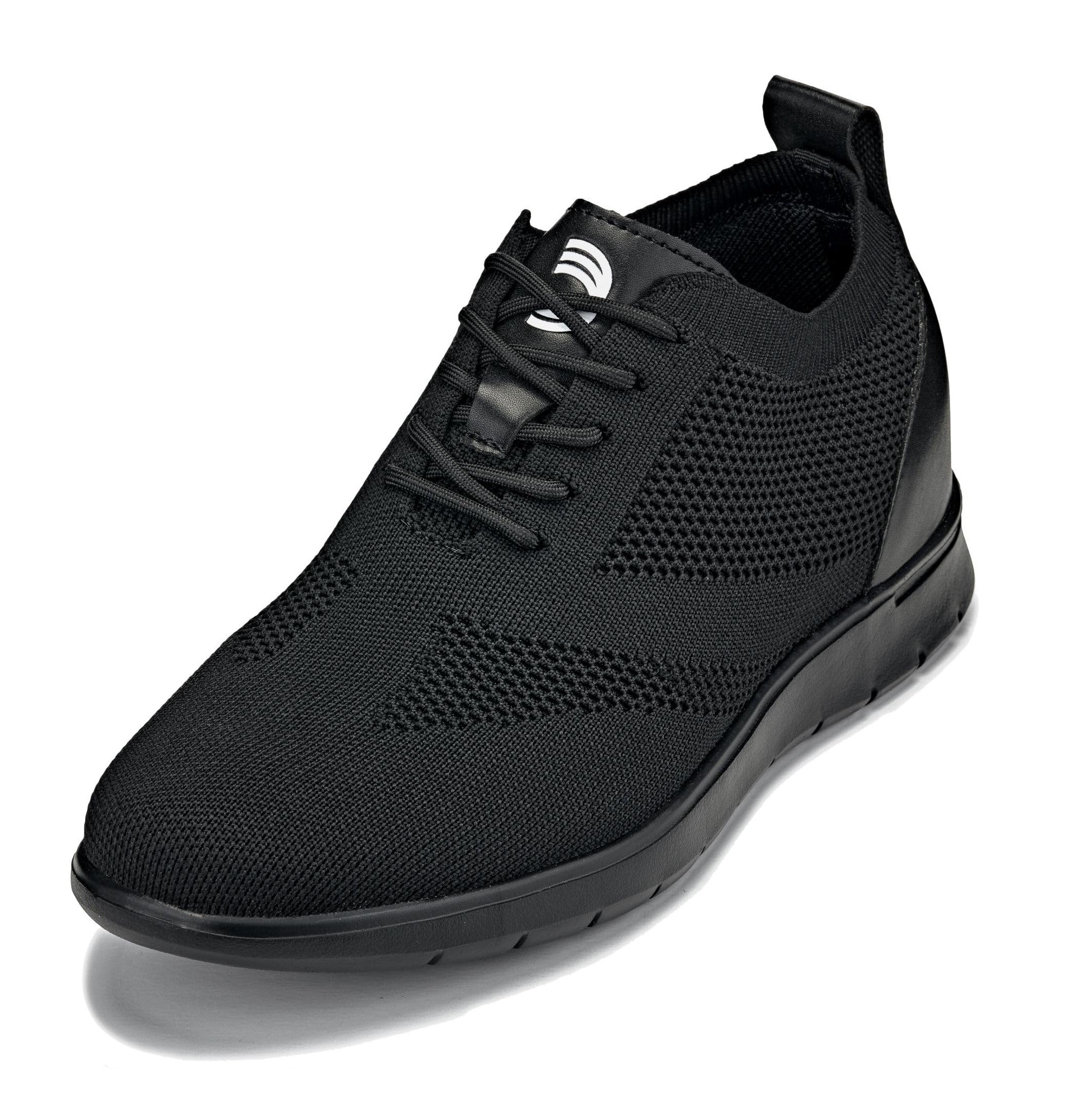 CALTO Men's Invisible Height Increasing Elevator Shoes - Black/Black Sole Ultra Light-Weight Lace-up Knitted Sporty Walker - 2.4 Inches Taller - X2211