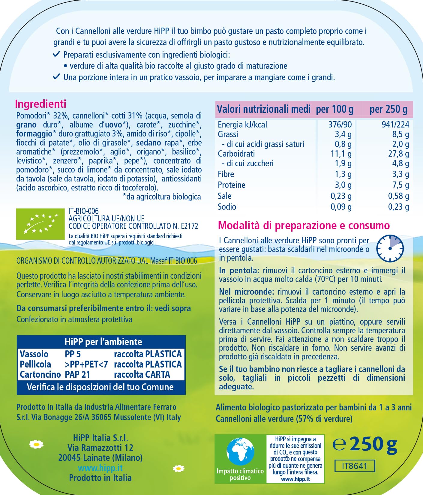 HiPP - Piatto Pronto Bio, Cannelloni Alle Verdure, 6 Confezioni Da G, 250 Grammo